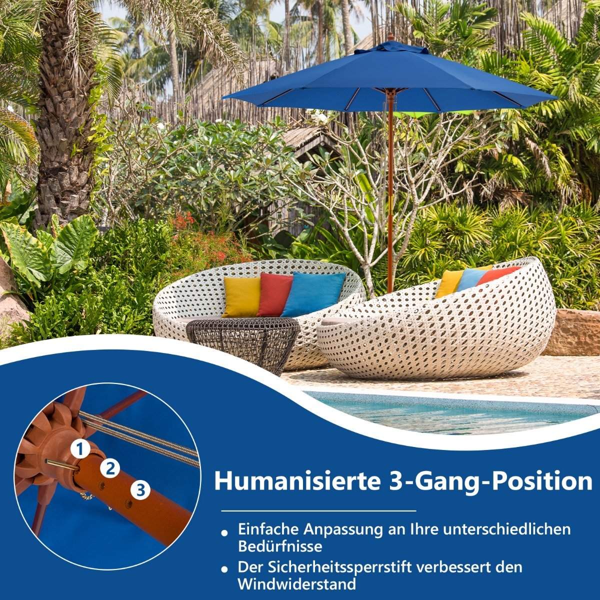 Patio umbrella market umbrella made of wood with pulley mechanism 283 x 252.5 cm blue