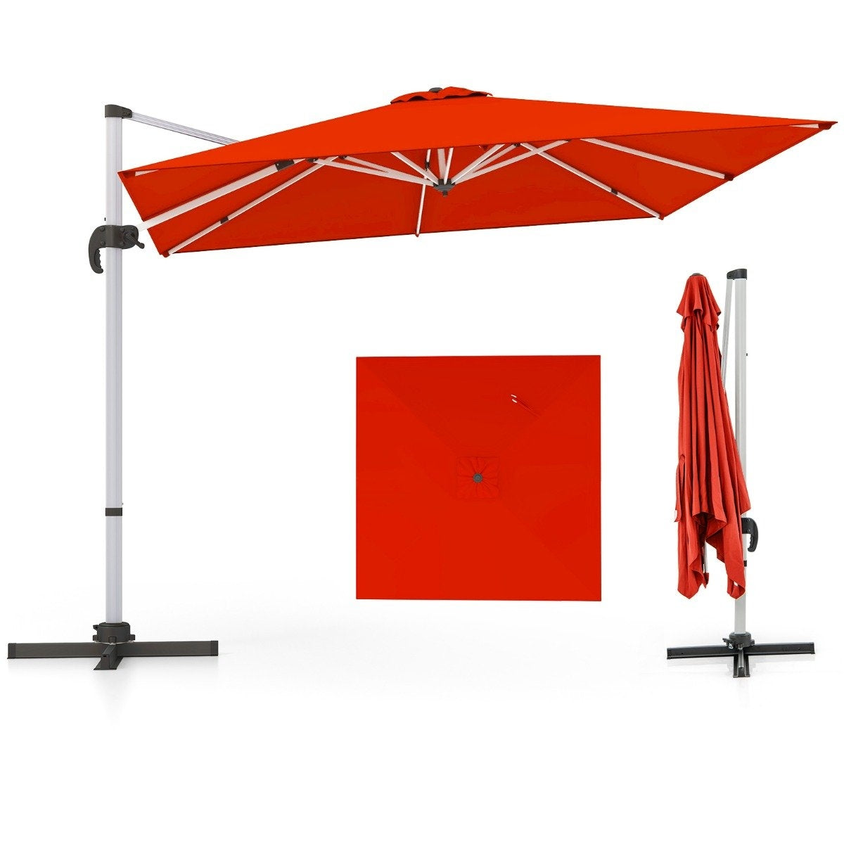 Patio umbrella with cross base & 360° rotation for garden and pool areas 300 x 300 x 261 cm Burgundy