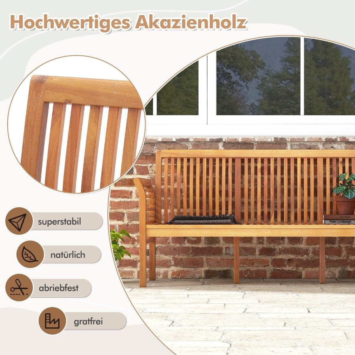Patio wooden bench with soft seat cushions and ergonomic backrest outdoor bench
