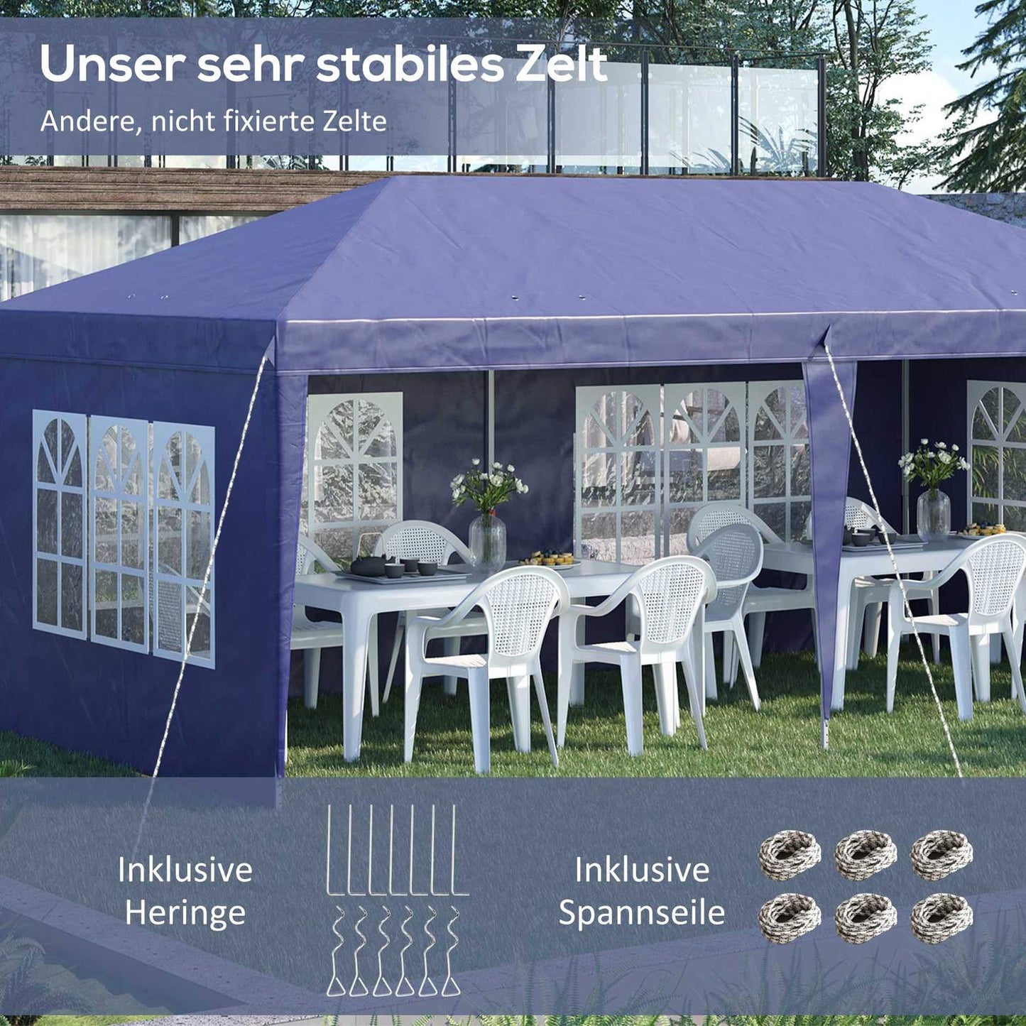 Large pop-up party tent with UV protection, blue, 2.95 x 5.85 m