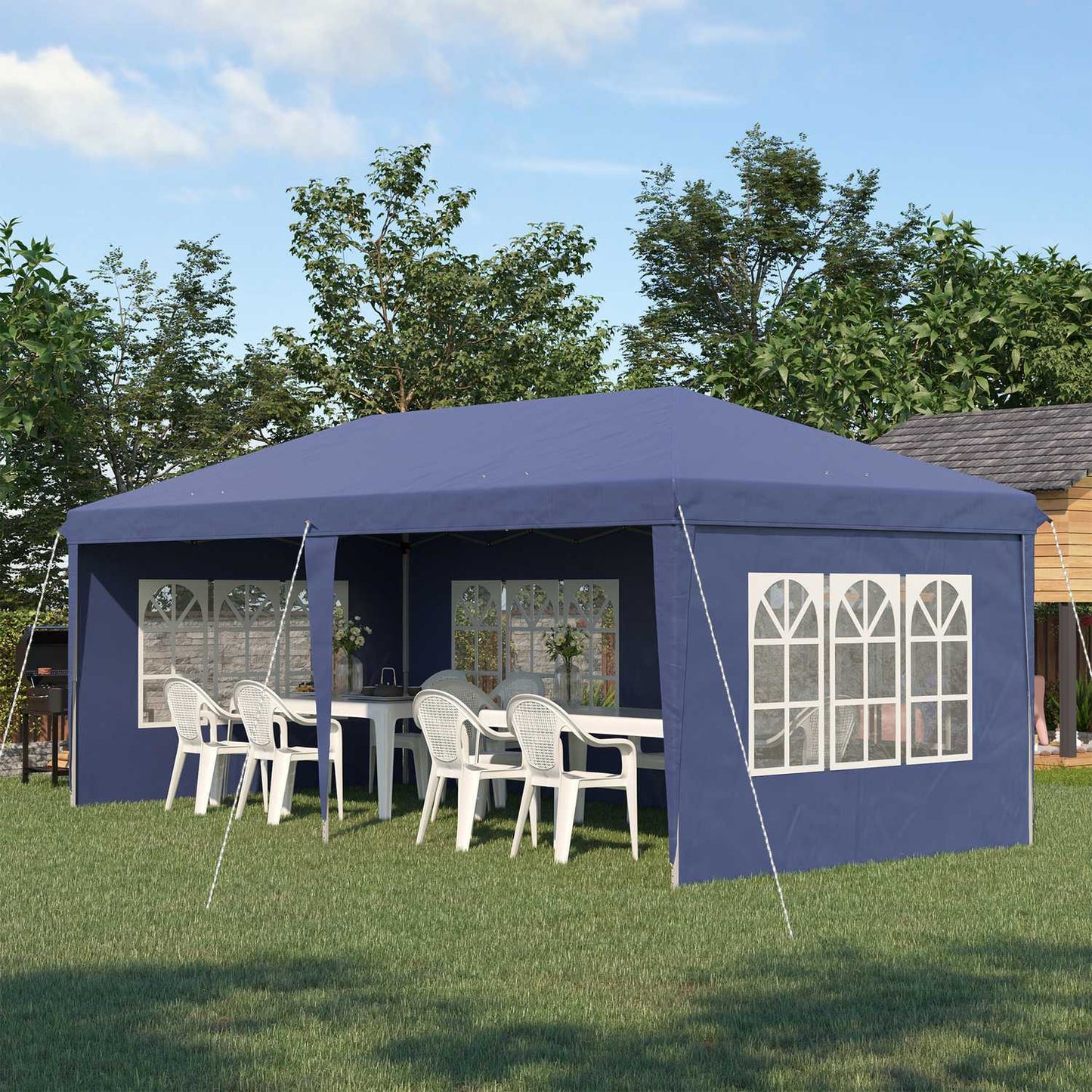 Large pop-up party tent with UV protection, blue, 2.95 x 5.85 m