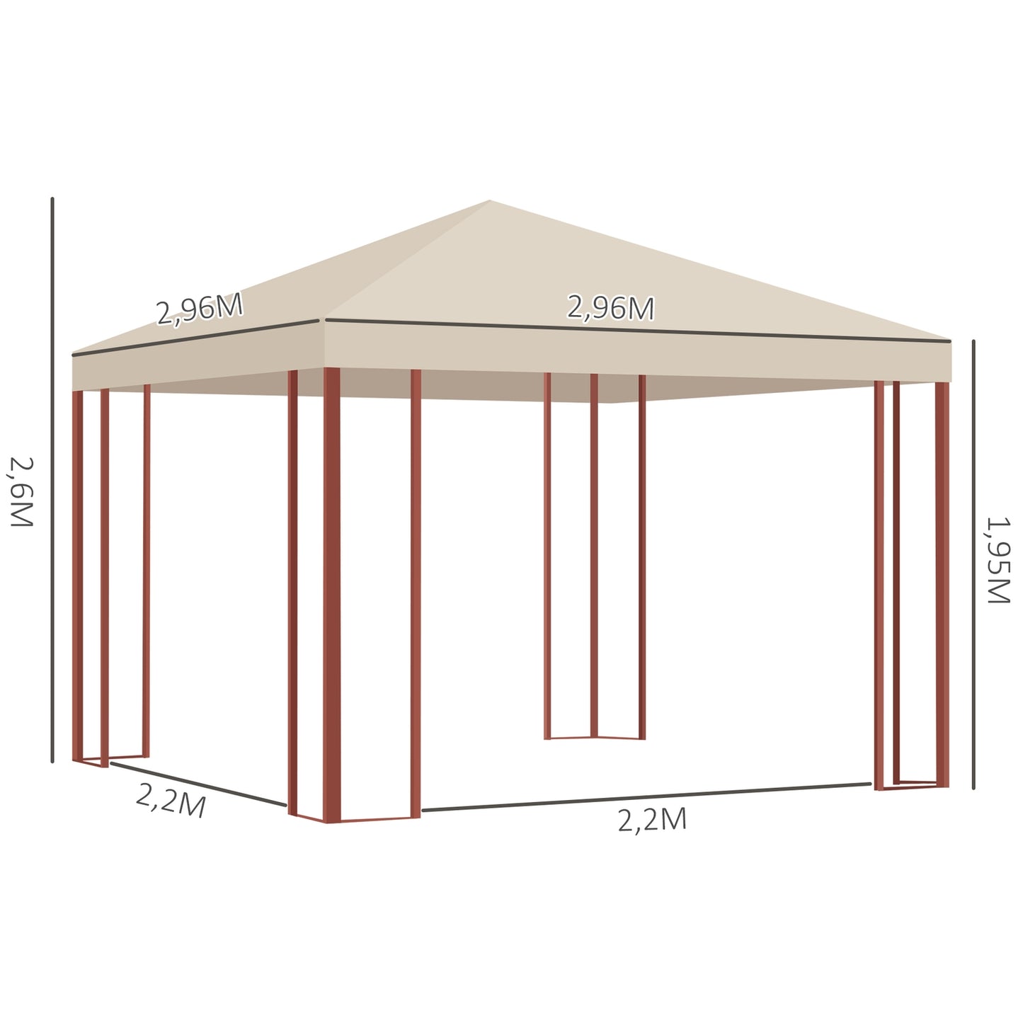Party tent pavilion 2.96x2.96M for 15, beige, steel & polyester