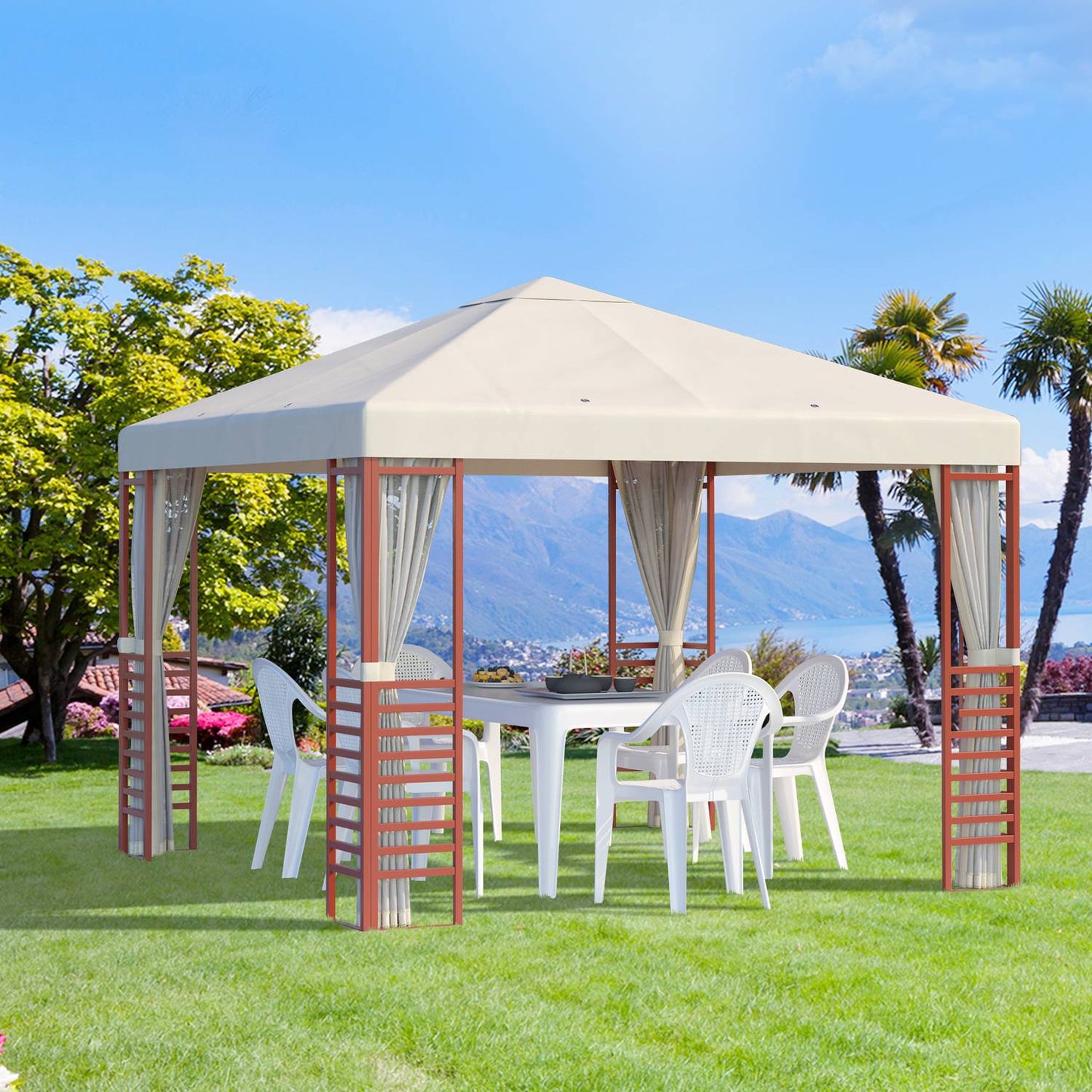 Party tent pavilion 2.96x2.96M for 15, beige, steel & polyester