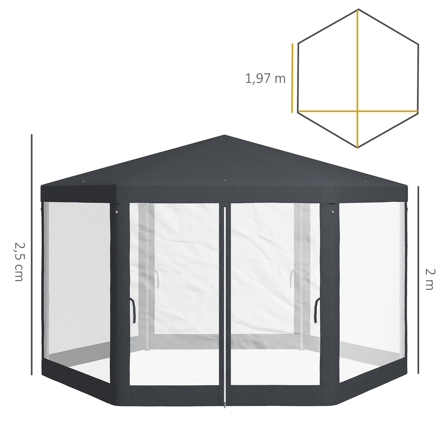 Hexagonal 4x4m pavilion, polyester & metal, with mosquito net