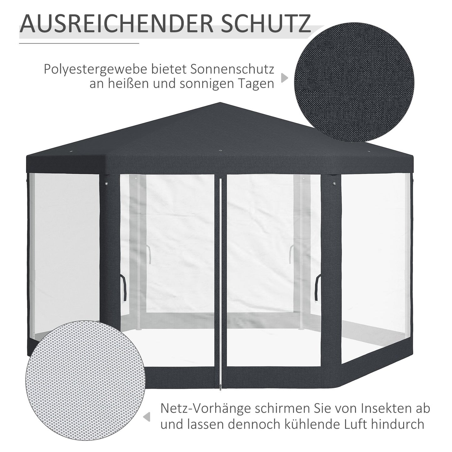 Hexagonal 4x4m pavilion, polyester & metal, with mosquito net