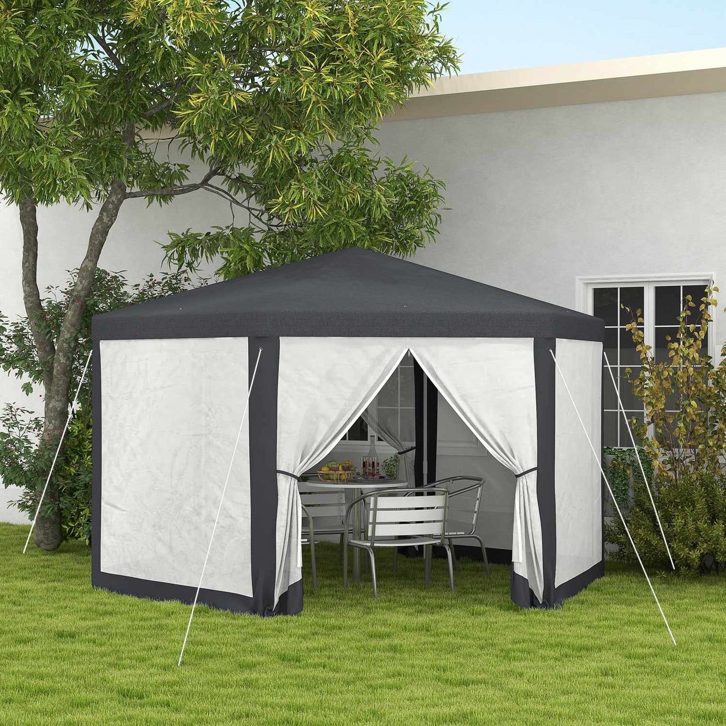 Hexagonal 4x4m pavilion, polyester & metal, with mosquito net