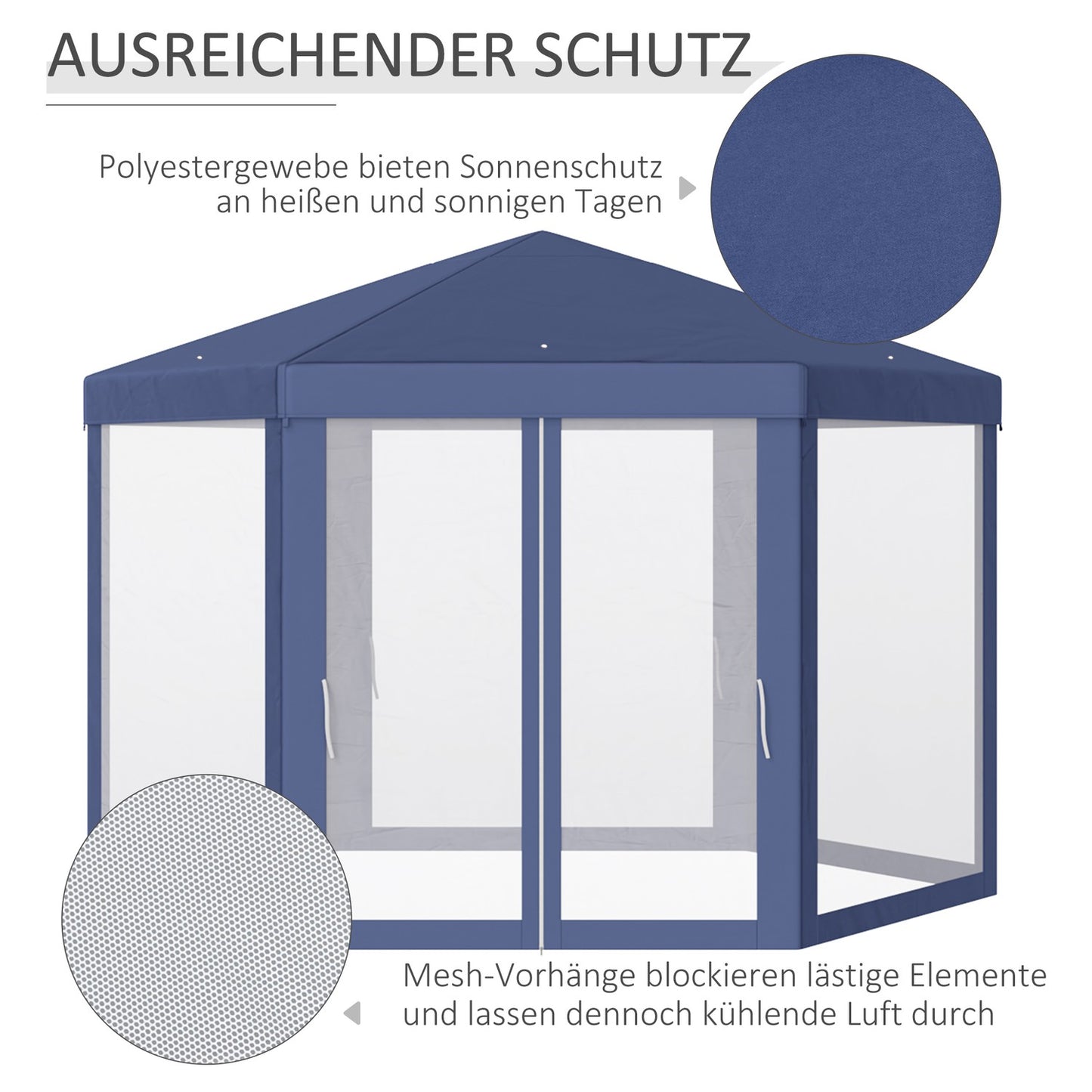Hexagonal garden pavilion with mosquito net - blue, 195x250x250 cm