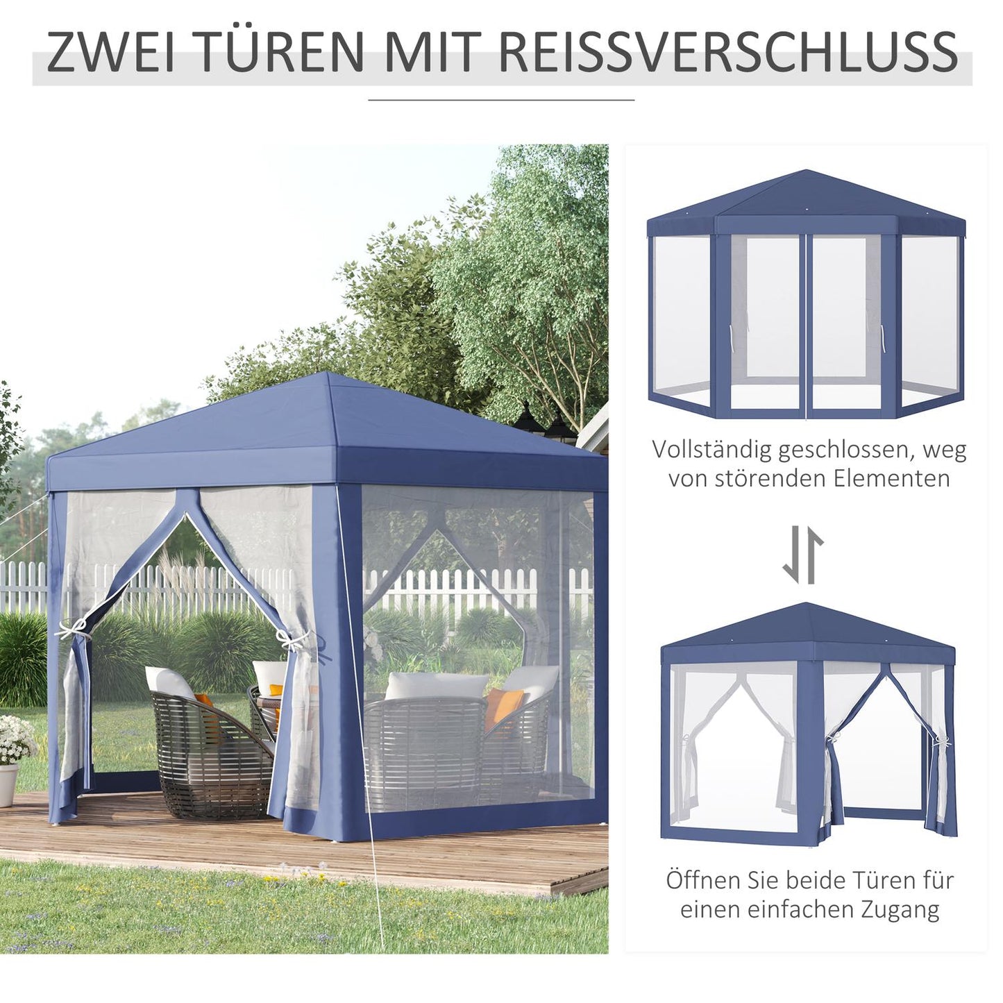 Hexagonal garden pavilion with mosquito net - blue, 195x250x250 cm