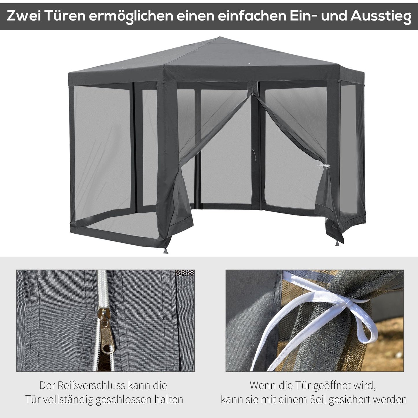 Hexagonal garden pavilion tent with mosquito net - Grey