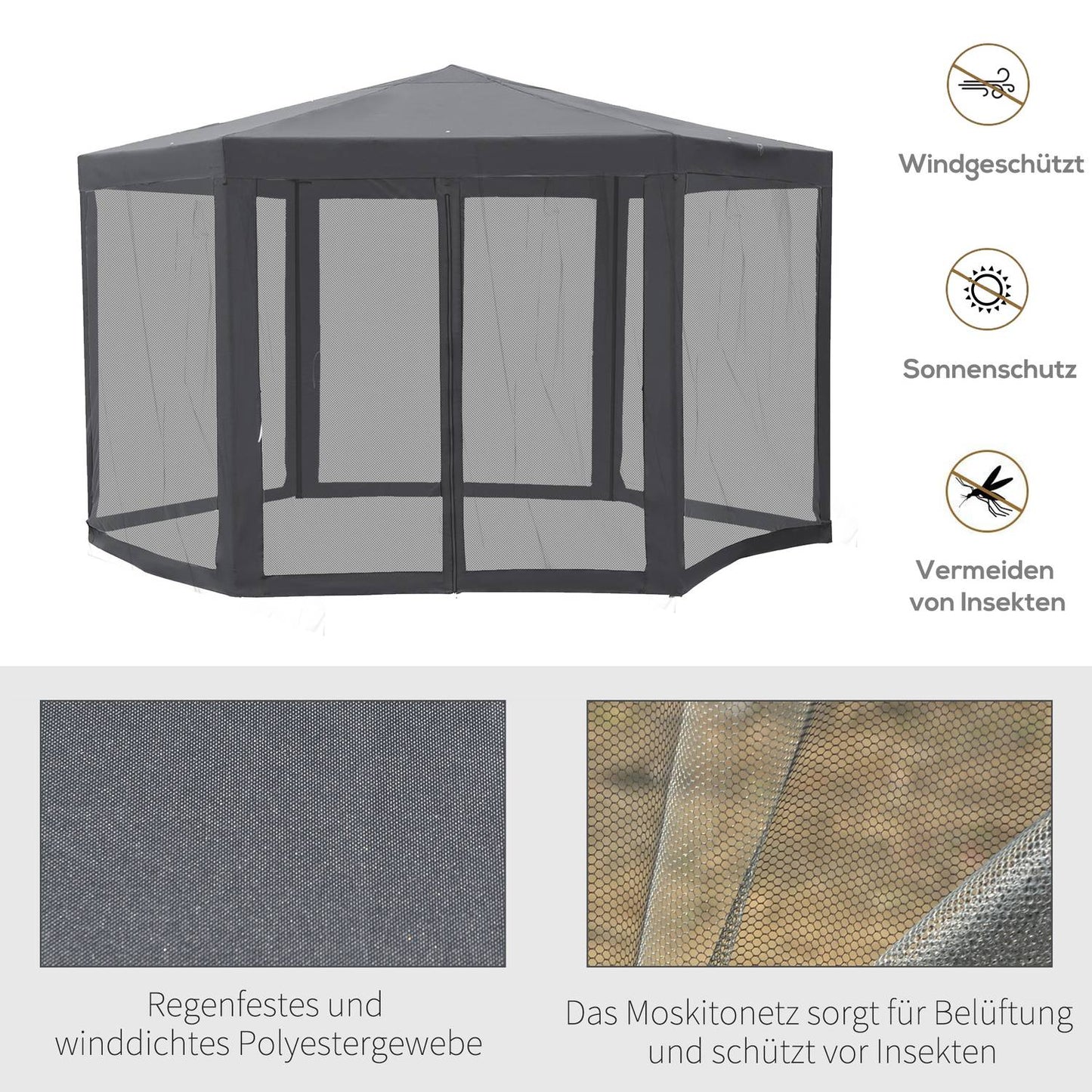 Hexagonal garden pavilion tent with mosquito net - Grey