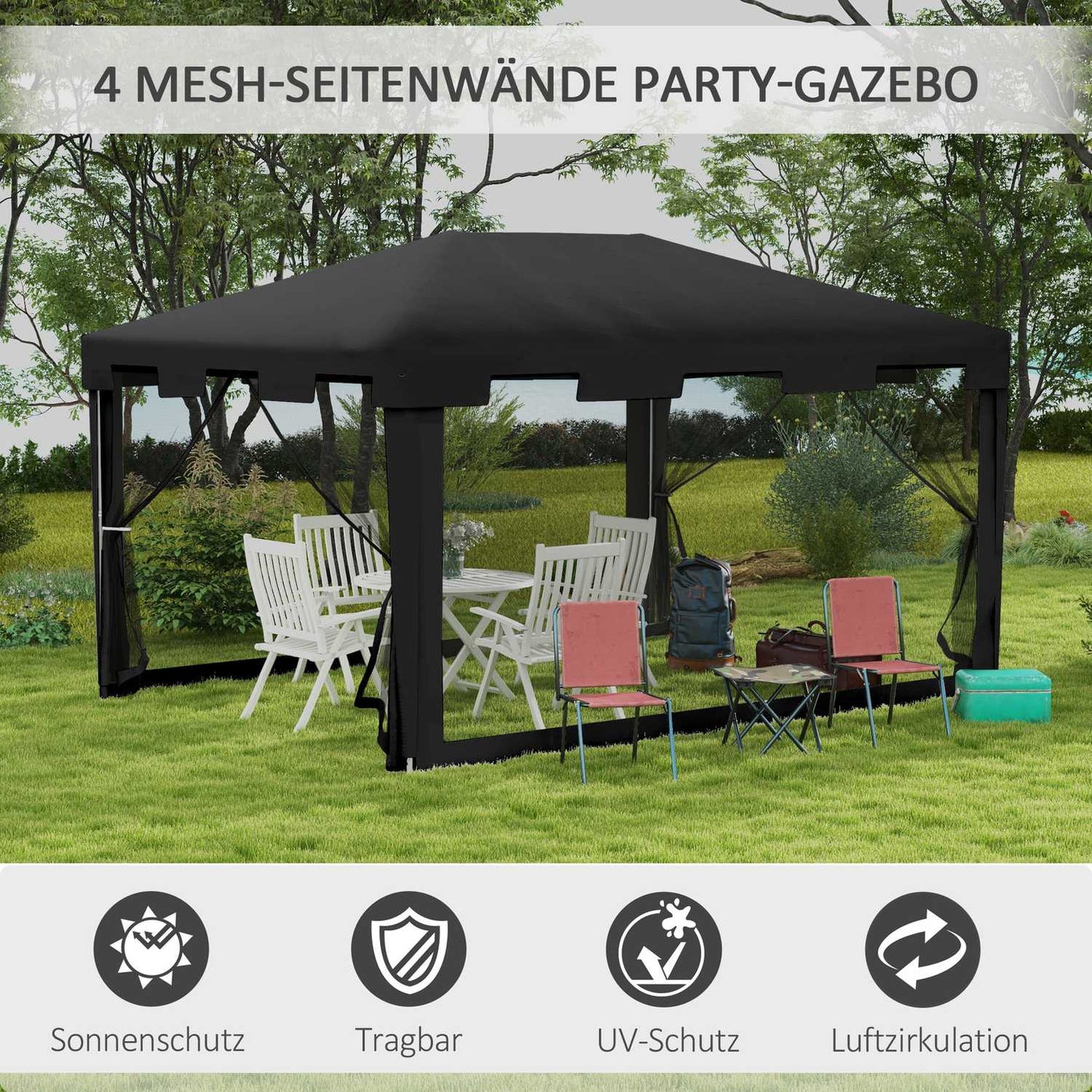 Outdoor pavilion party tent with mesh walls, 4x3m, dark grey