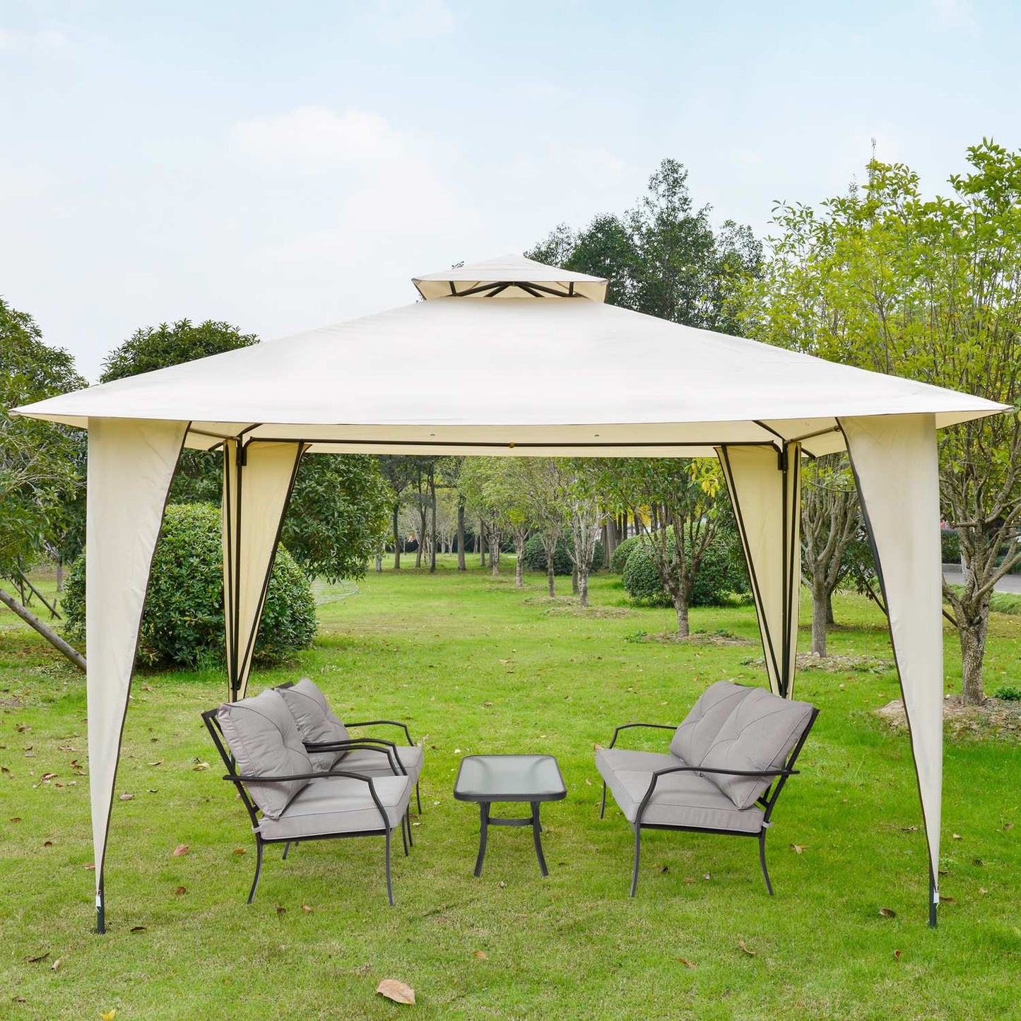 Beige metal polyester pavilion tent, double roof 3.45m