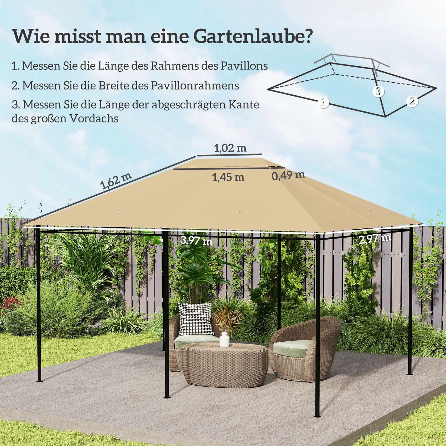 Pavilion Replacement Canopy, Weather-Resistant, 397x297 cm, Khaki