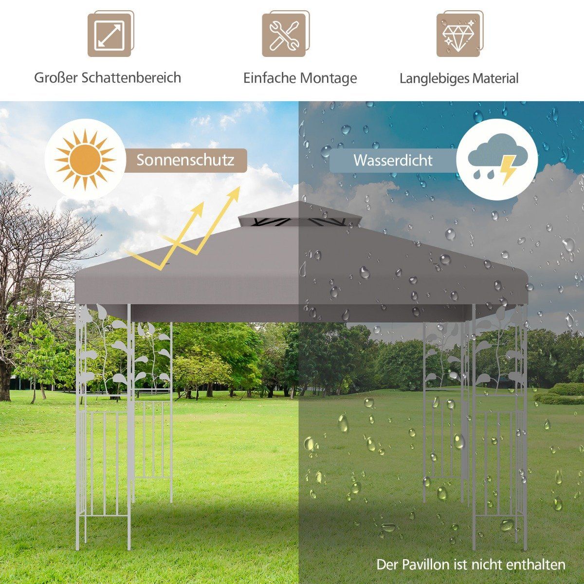 Pavilion Replacement Roof, 3x3M, Gray, Ventilation Flap
