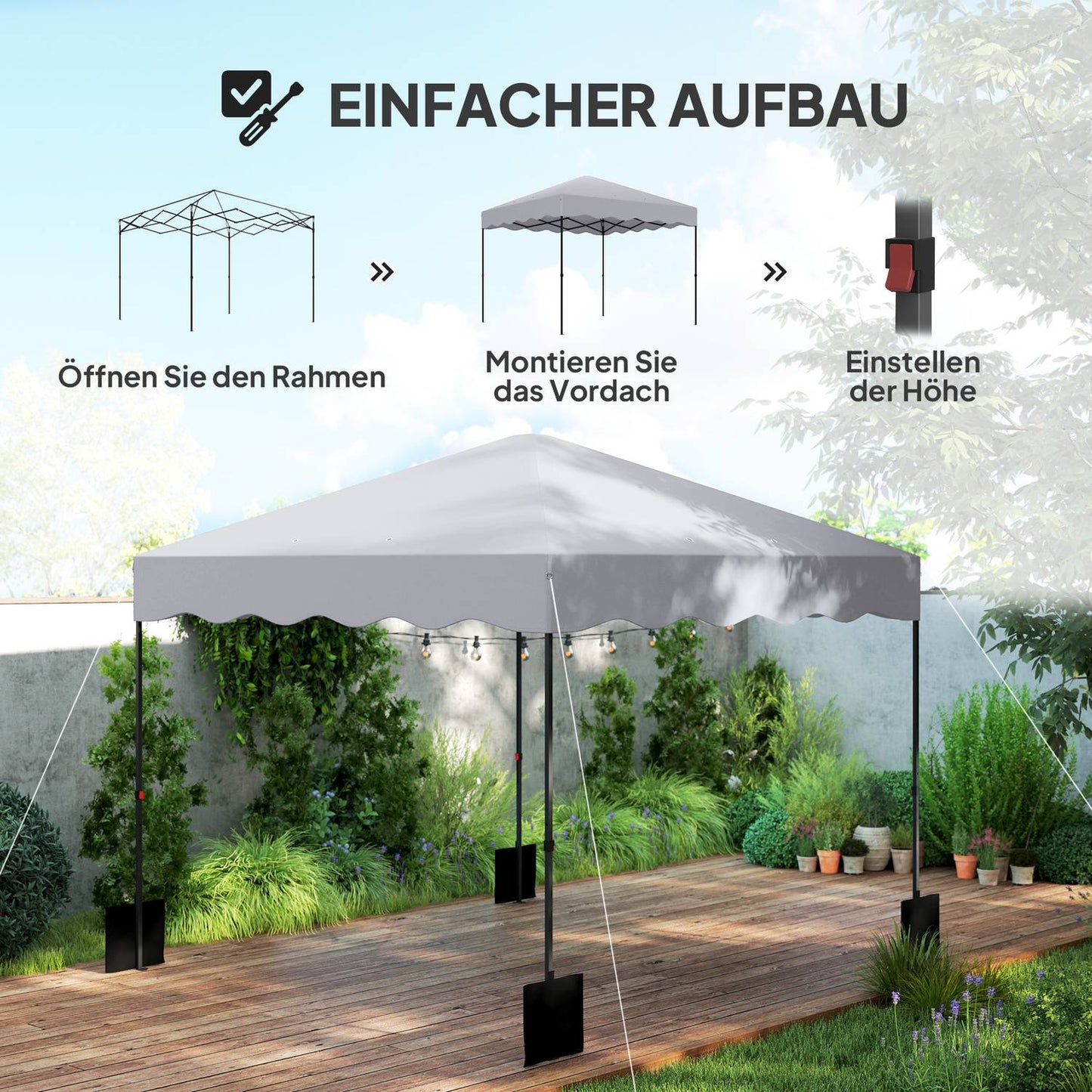 3x3m water-repellent pop-up pavilion, UV 50+, light grey