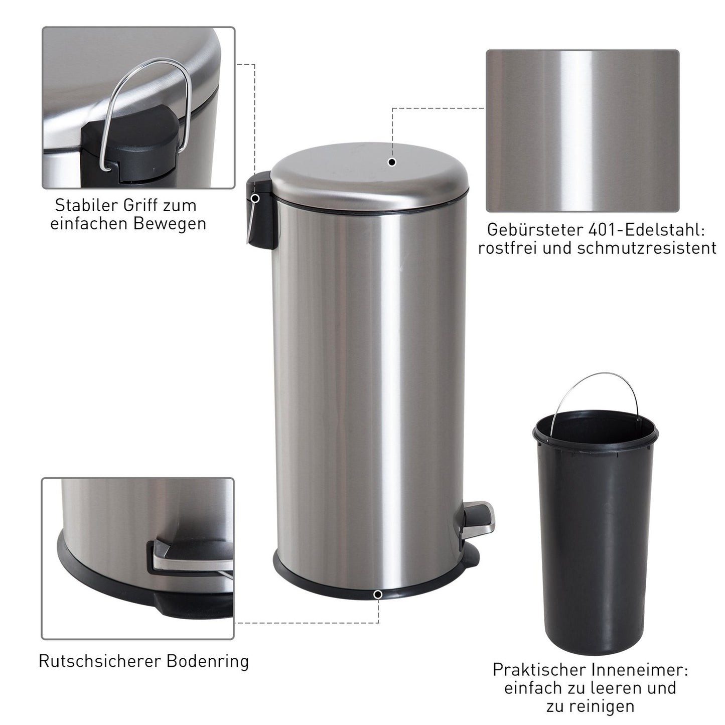 30L pedal container in stainless steel with inner compartment