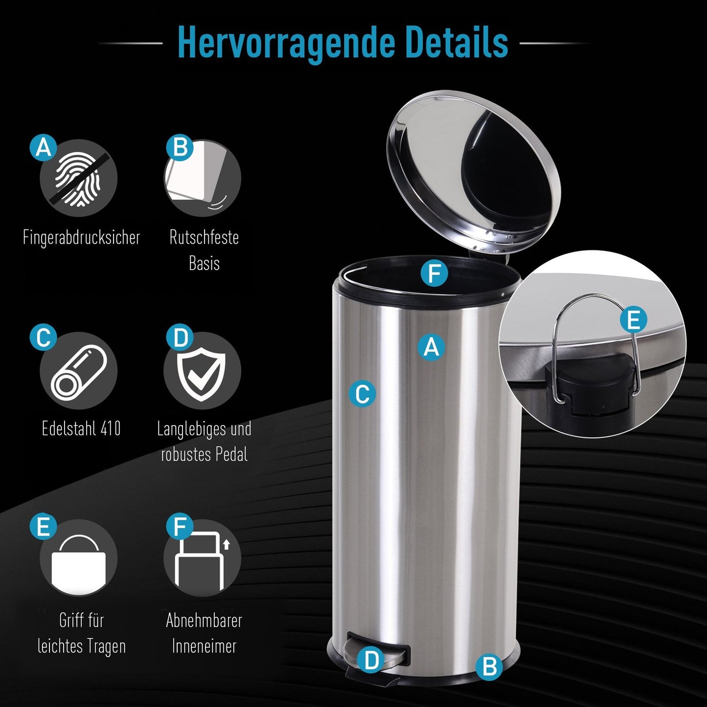 30L pedal container in stainless steel with soft-closing lid