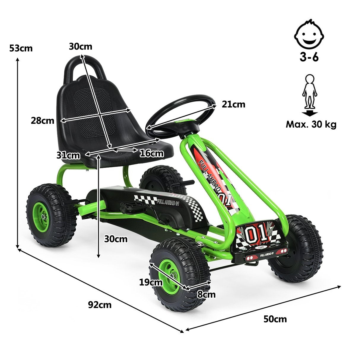 Pedal Go Kart with Adjustable Seat 4 Wheels Pedal Powered Ride-On Car 92 x 50 x 53 cm Green + Black