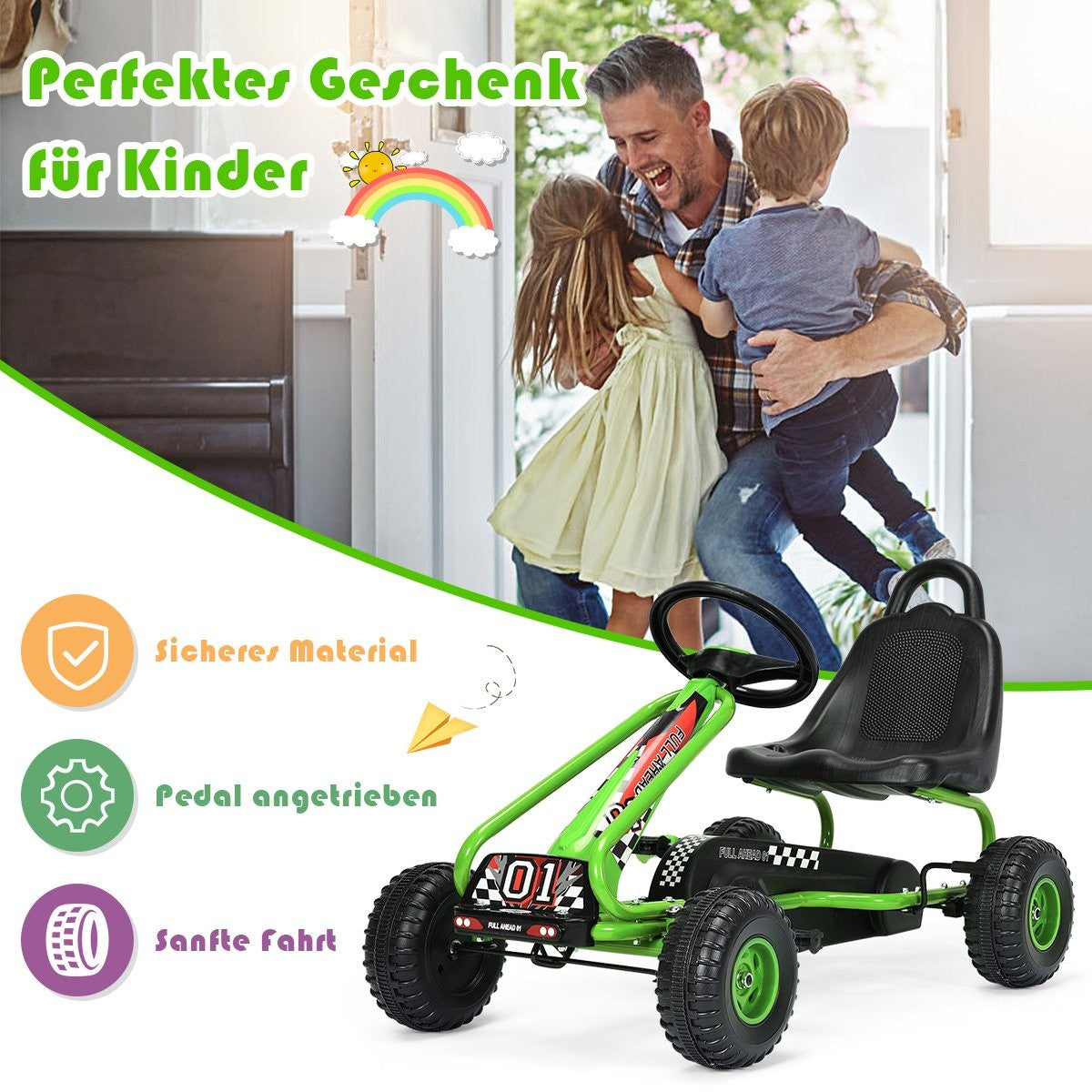 Pedal Go Kart with Adjustable Seat 4 Wheels Pedal Powered Ride-On Car 92 x 50 x 53 cm Green + Black