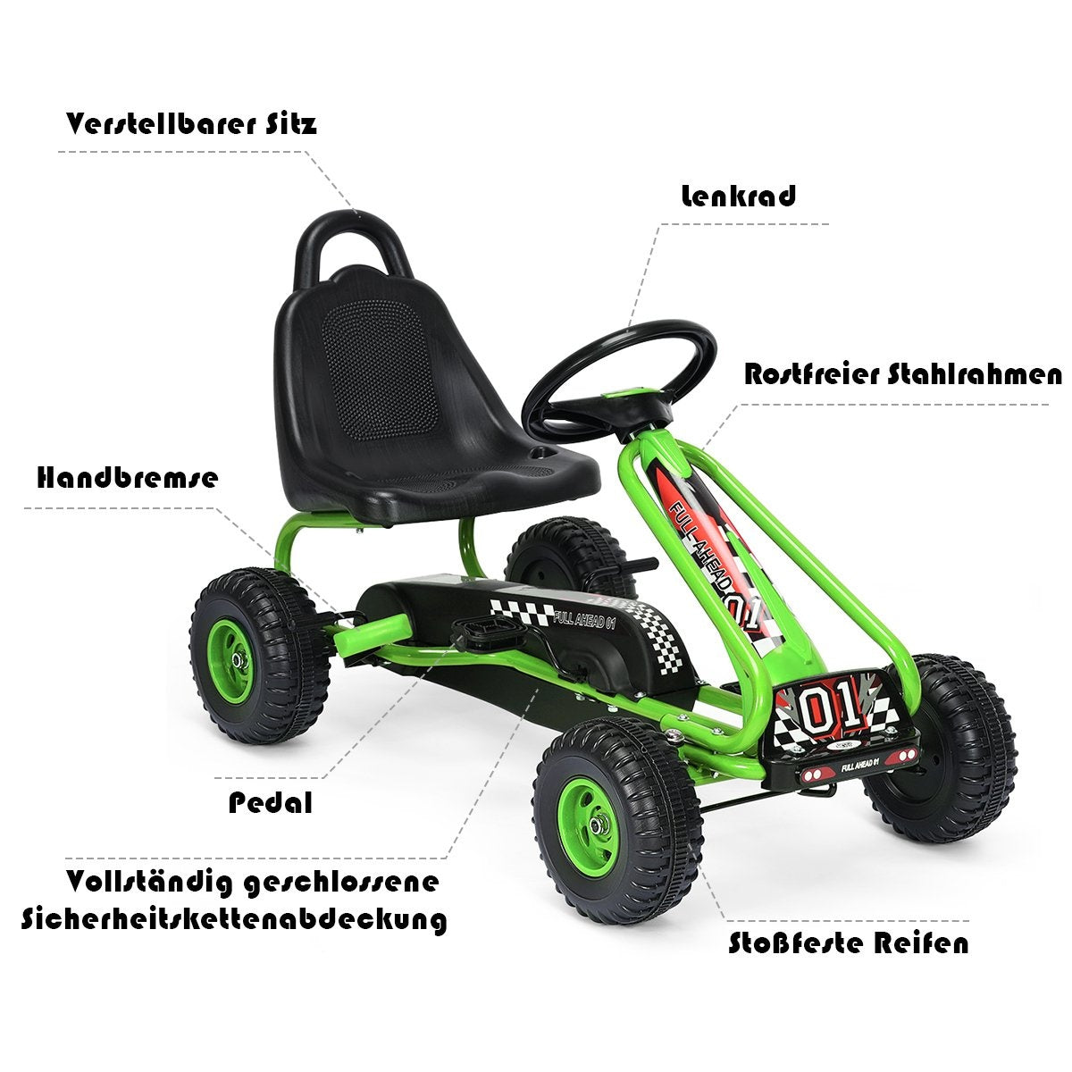 Pedal Go Kart with Adjustable Seat 4 Wheels Pedal Powered Ride-On Car 92 x 50 x 53 cm Green + Black