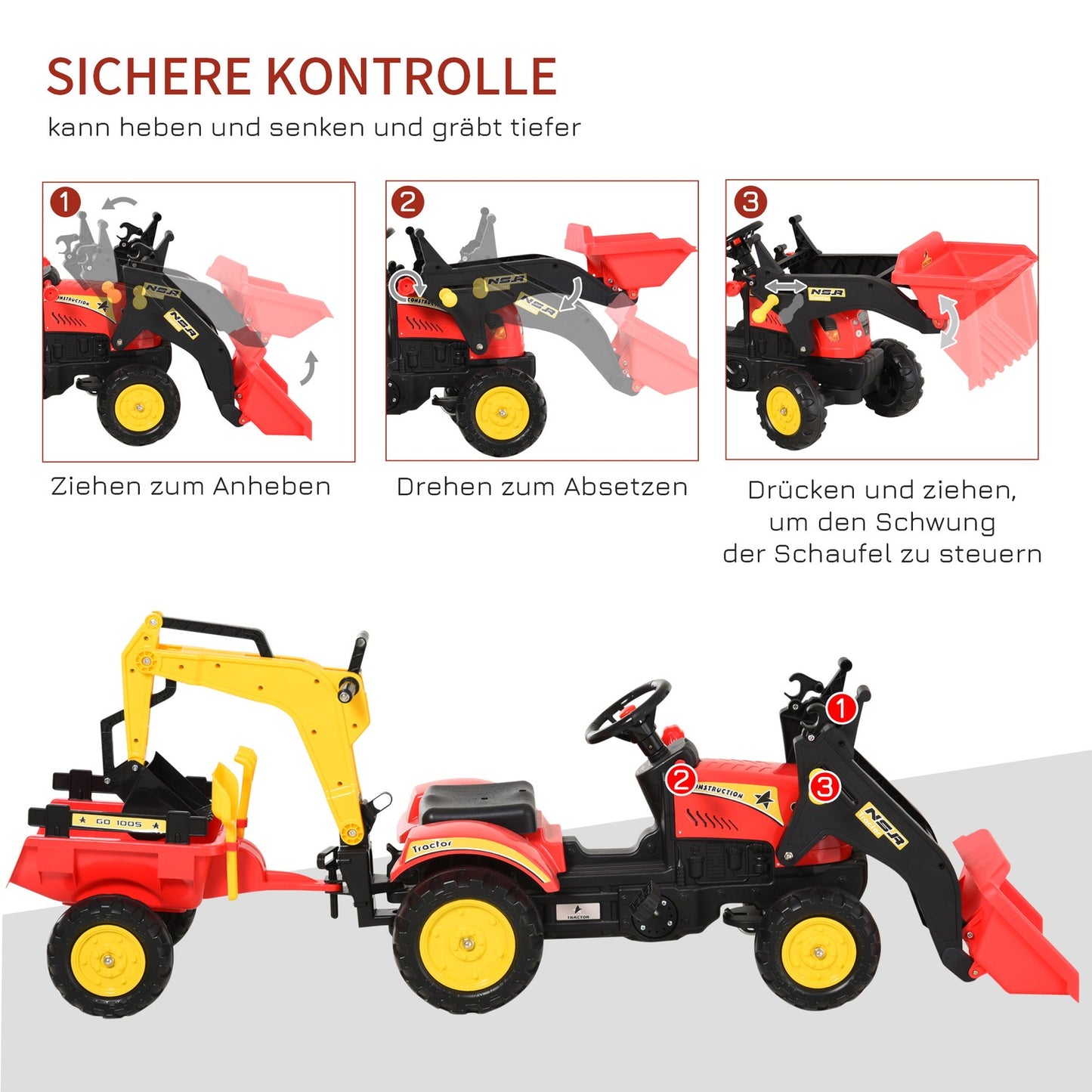 Pedal tractor for children with trailer and front loader, red