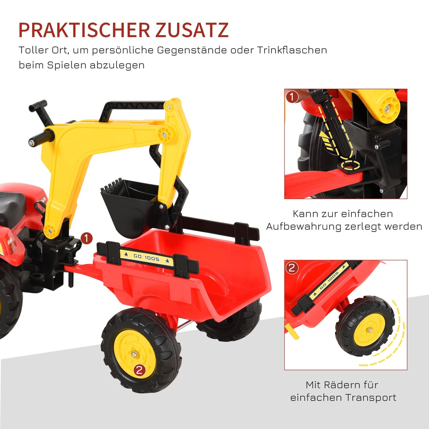 Pedal tractor for children with trailer and front loader, red