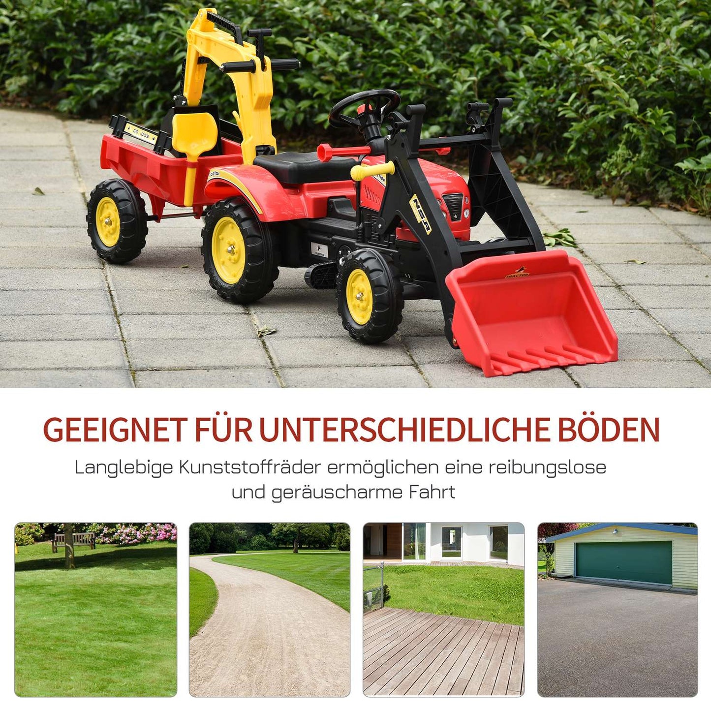 Pedal tractor for children with trailer and front loader, red