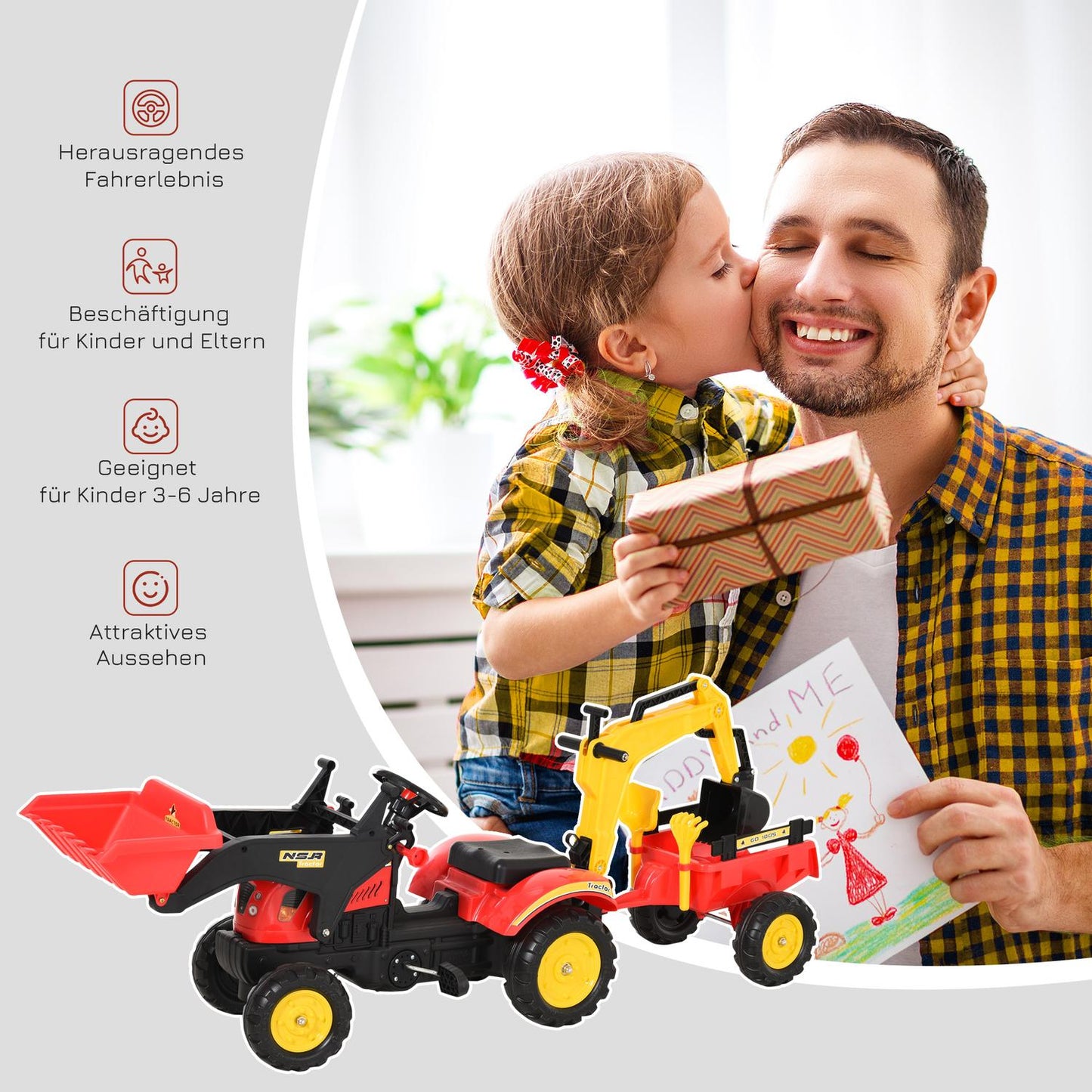 Pedal tractor for children with trailer and front loader, red