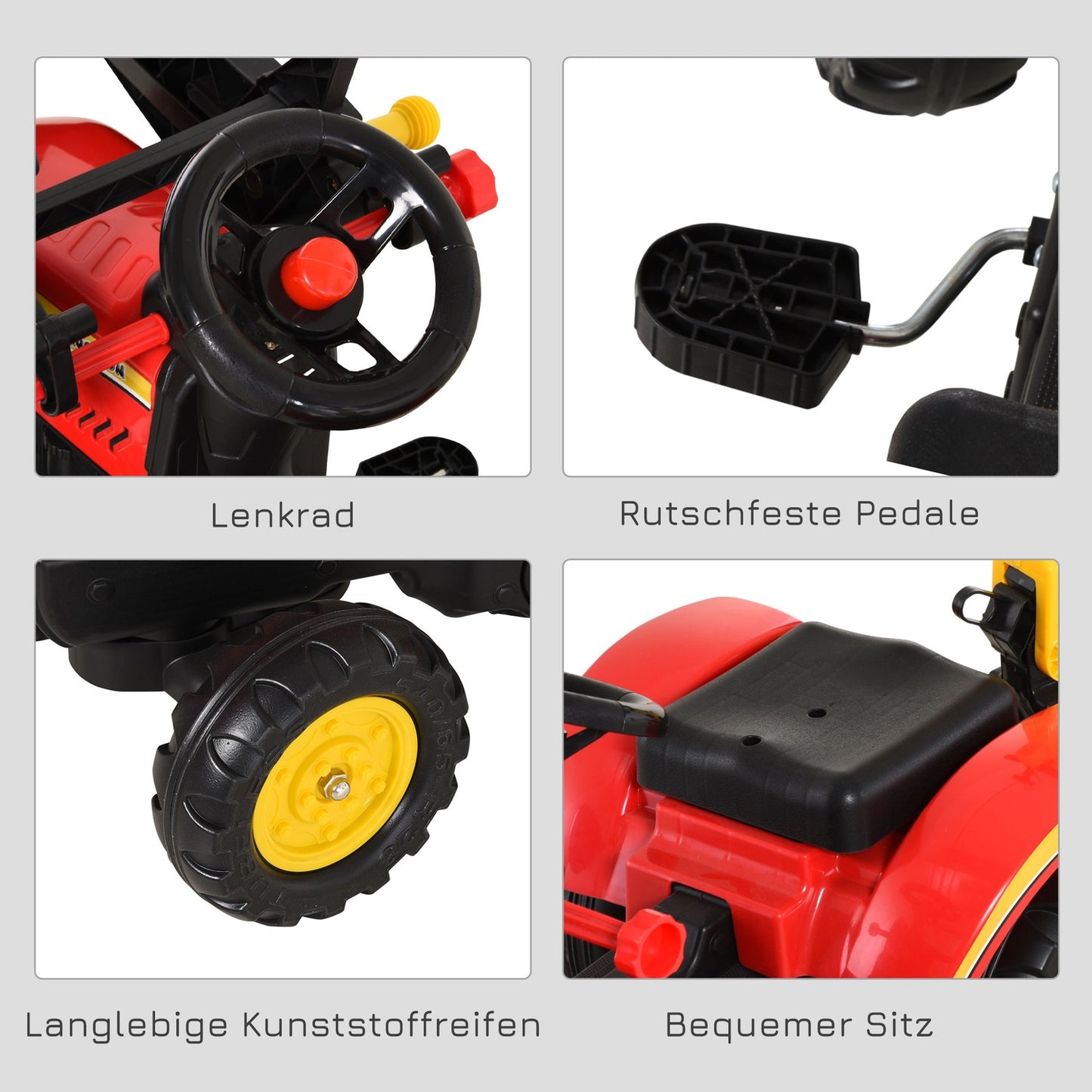 Pedal tractor for children with trailer and front loader, red