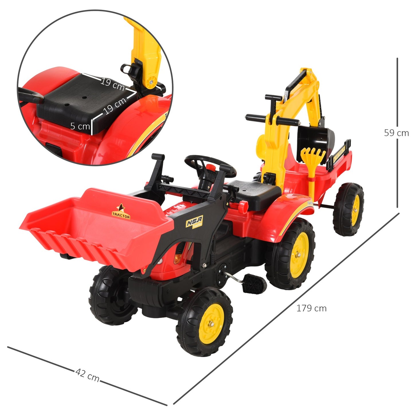 Pedal tractor for children with trailer and front loader, red