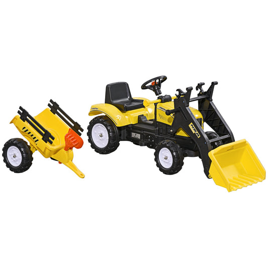 Yellow pedal tractor and trailer for children 3+ with shovel