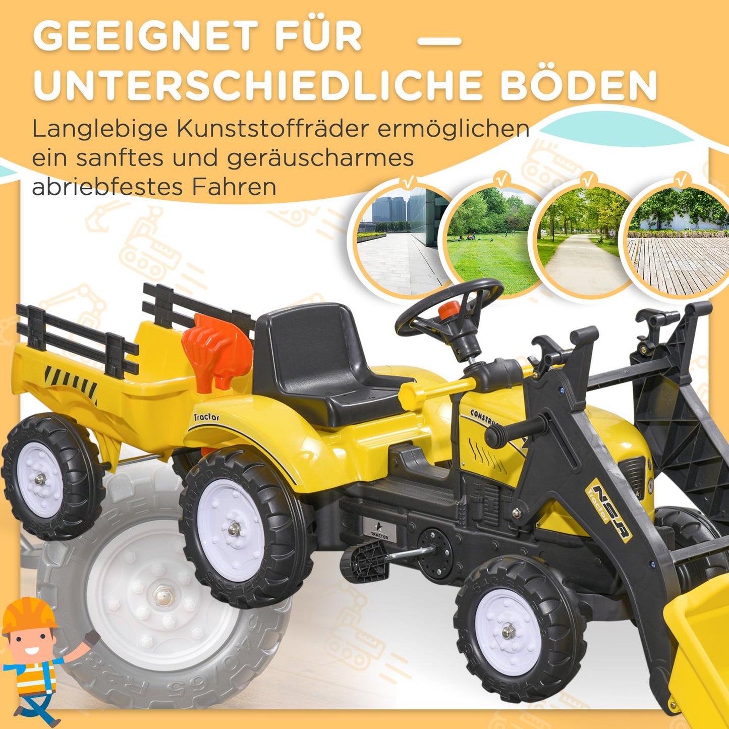 Yellow pedal tractor and trailer for children 3+ with shovel