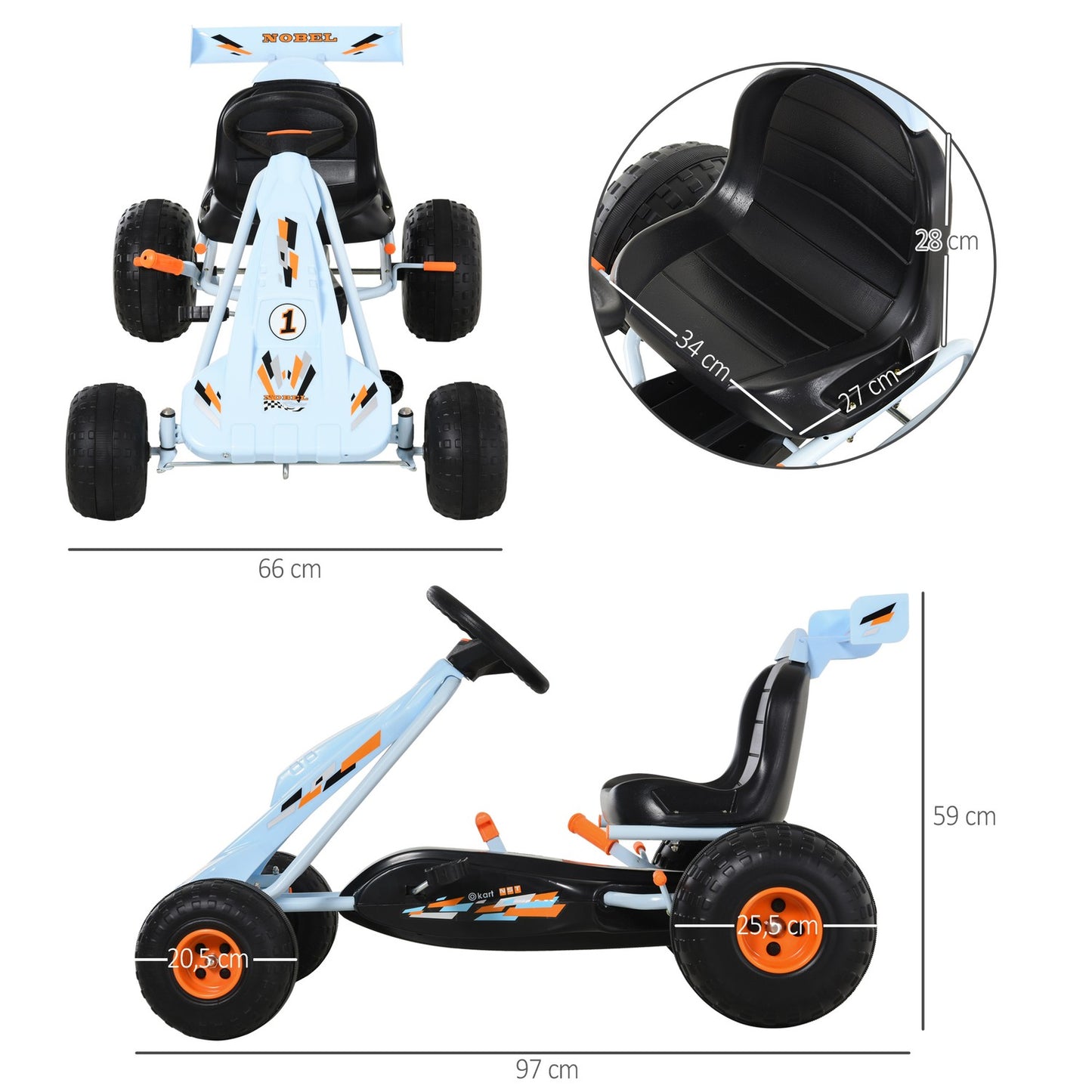 Light blue steel pedal Go-Kart with adjustable seat