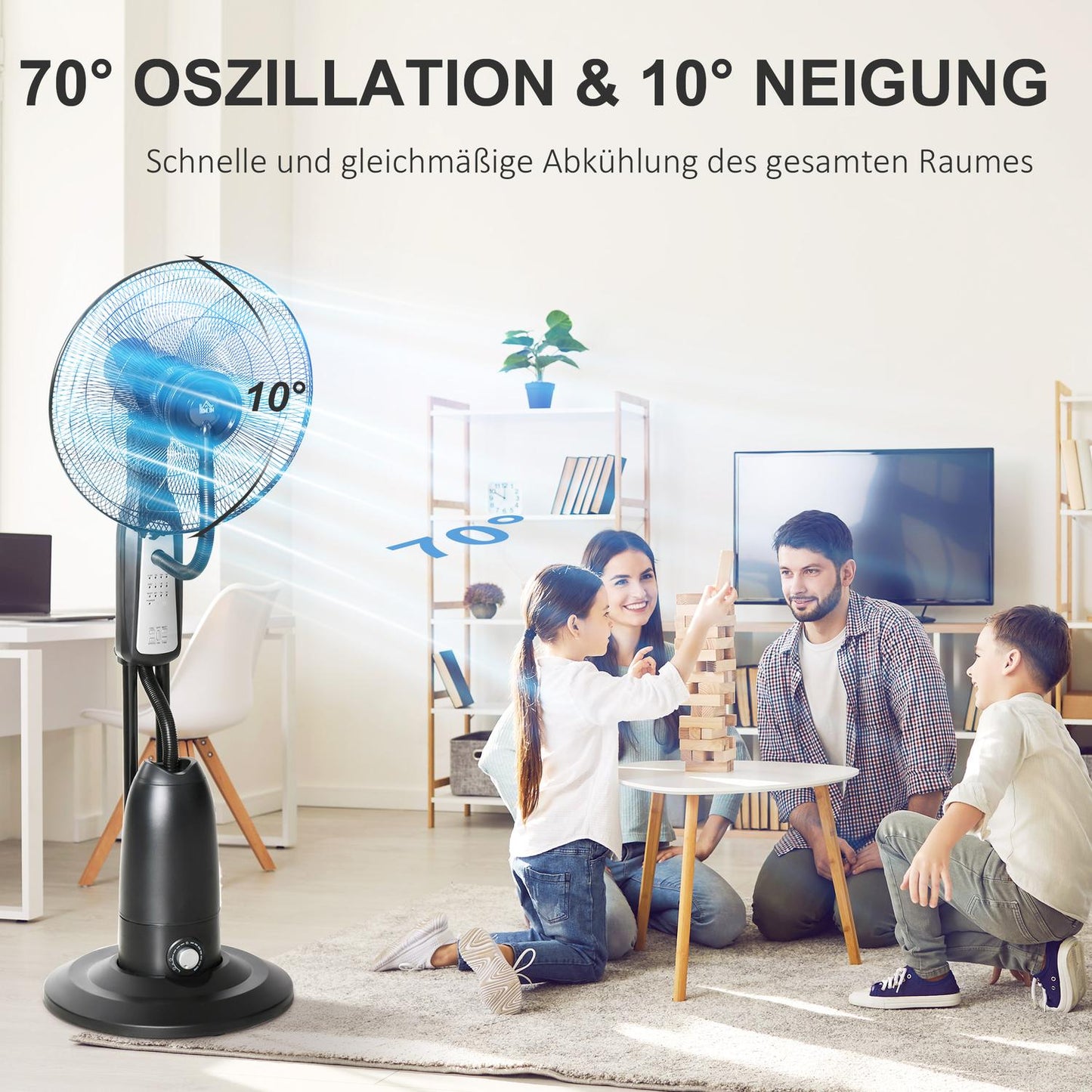 Pedestal fan with mist, timer, adjustable angle, 3 positions