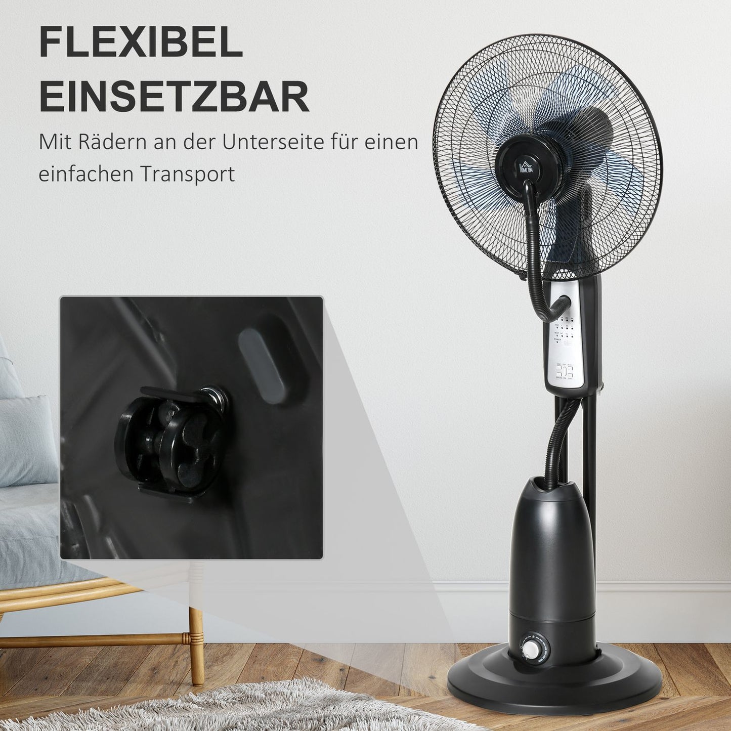 Pedestal fan with mist, timer, adjustable angle, 3 positions