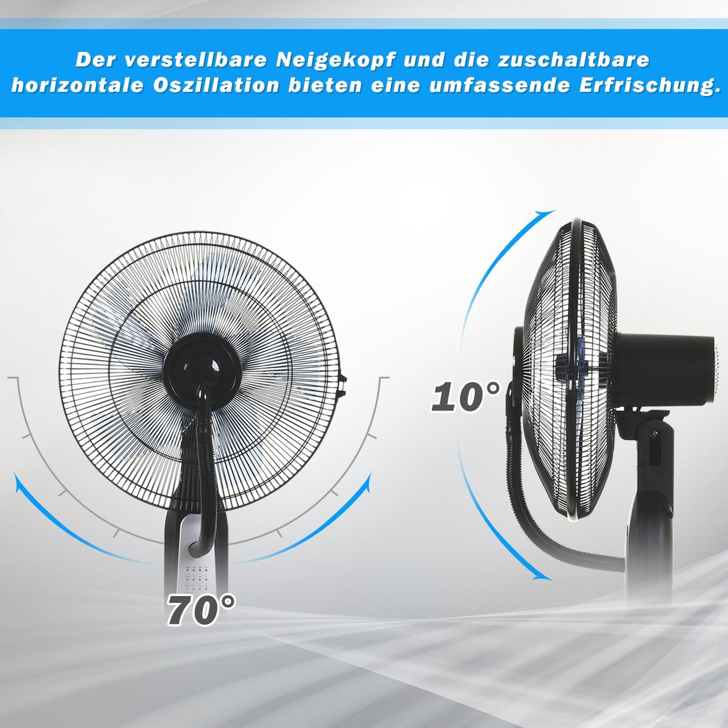 Pedestal fan with 2.8L mist, adjustable metal design