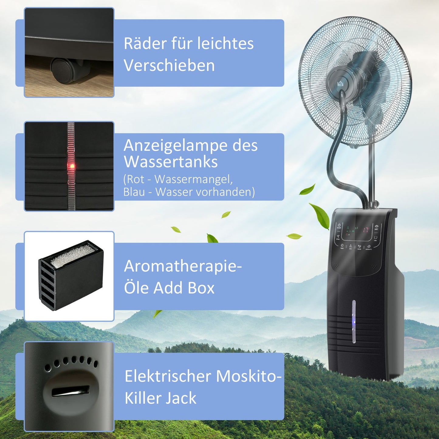 Pedestal fan with mist, adjustable tilt, 3.1L water tank