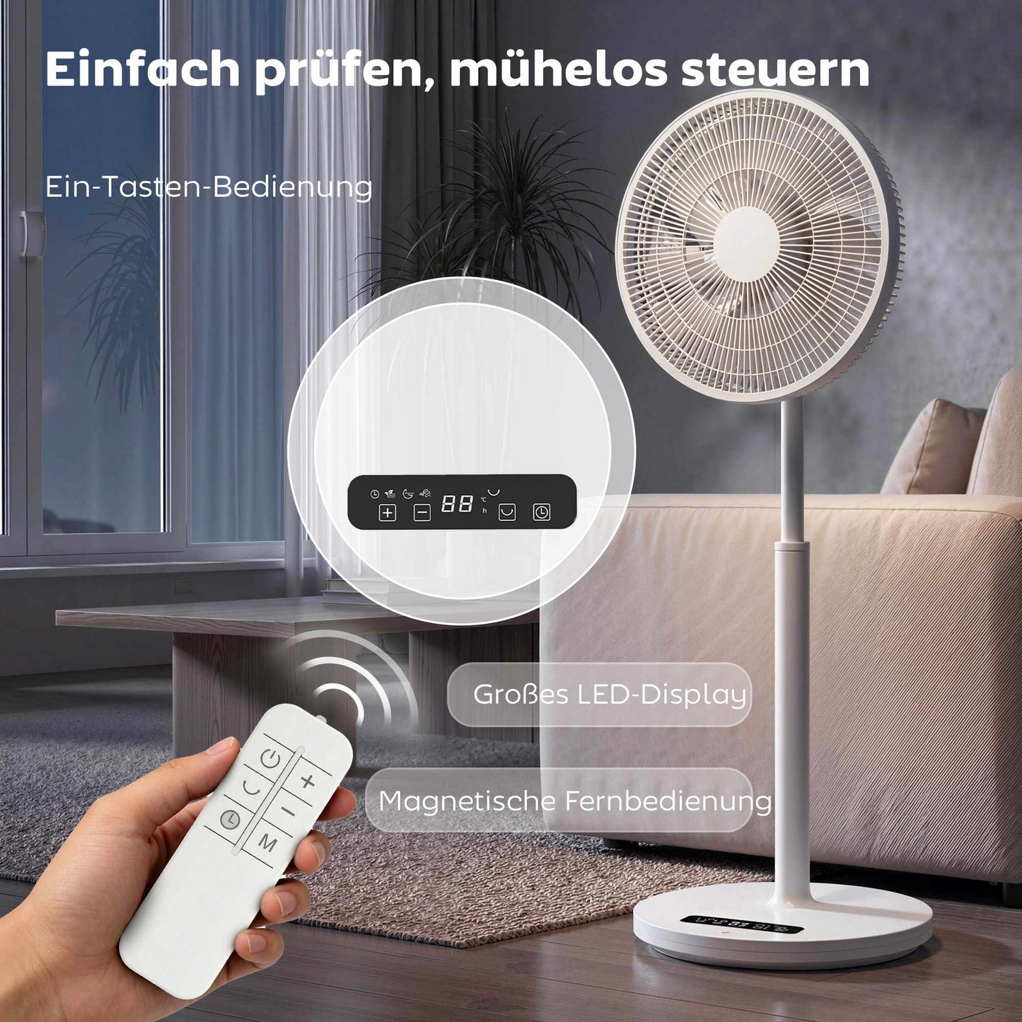 Pedestal Fan with Remote, 12 Speeds, Adjustable Height, White