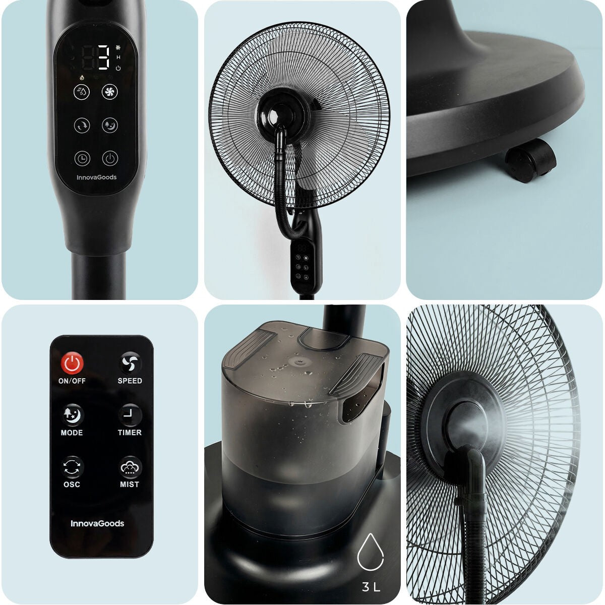Pedestal Misting Fan with Remote, 3 Speeds, 3L Tank