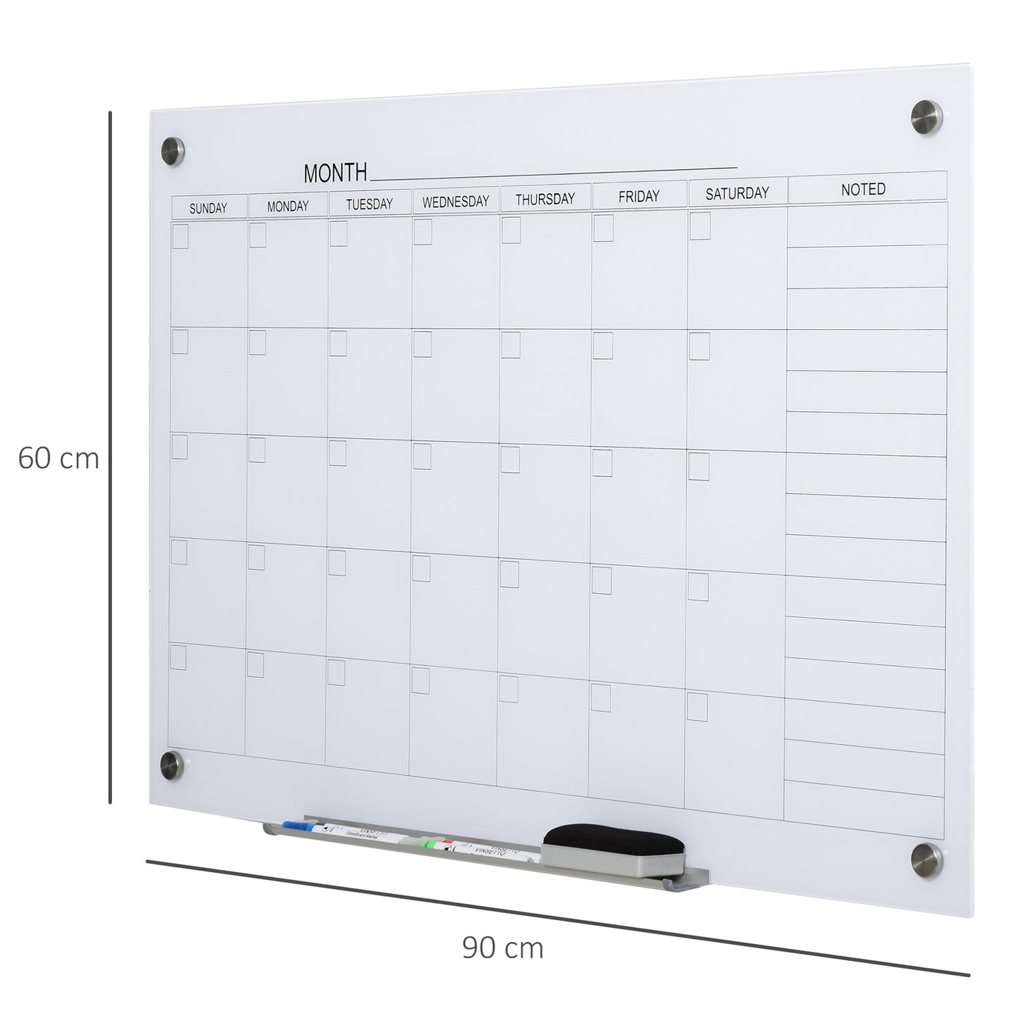 Magnetic writing board with pen holder, 4 markers, 90x60cm