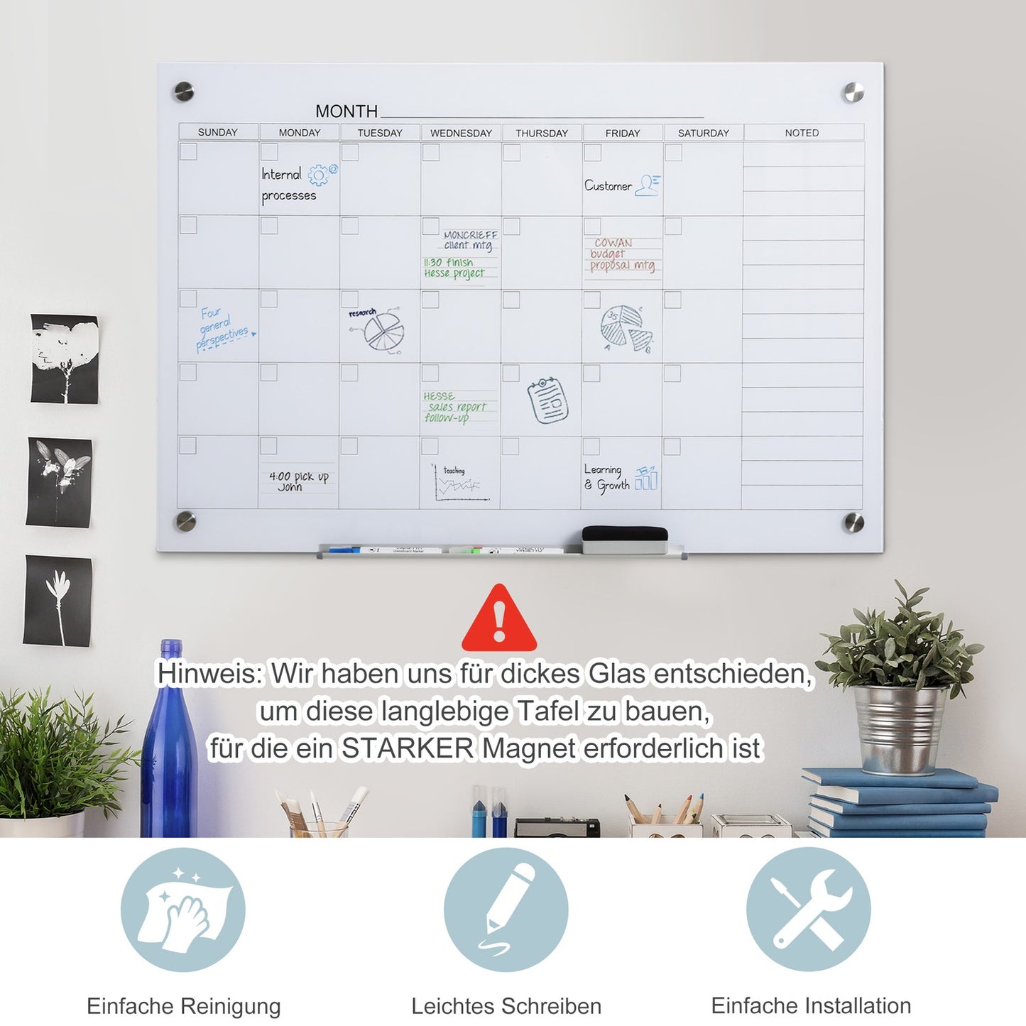 Magnetic writing board with pen holder, 4 markers, 90x60cm