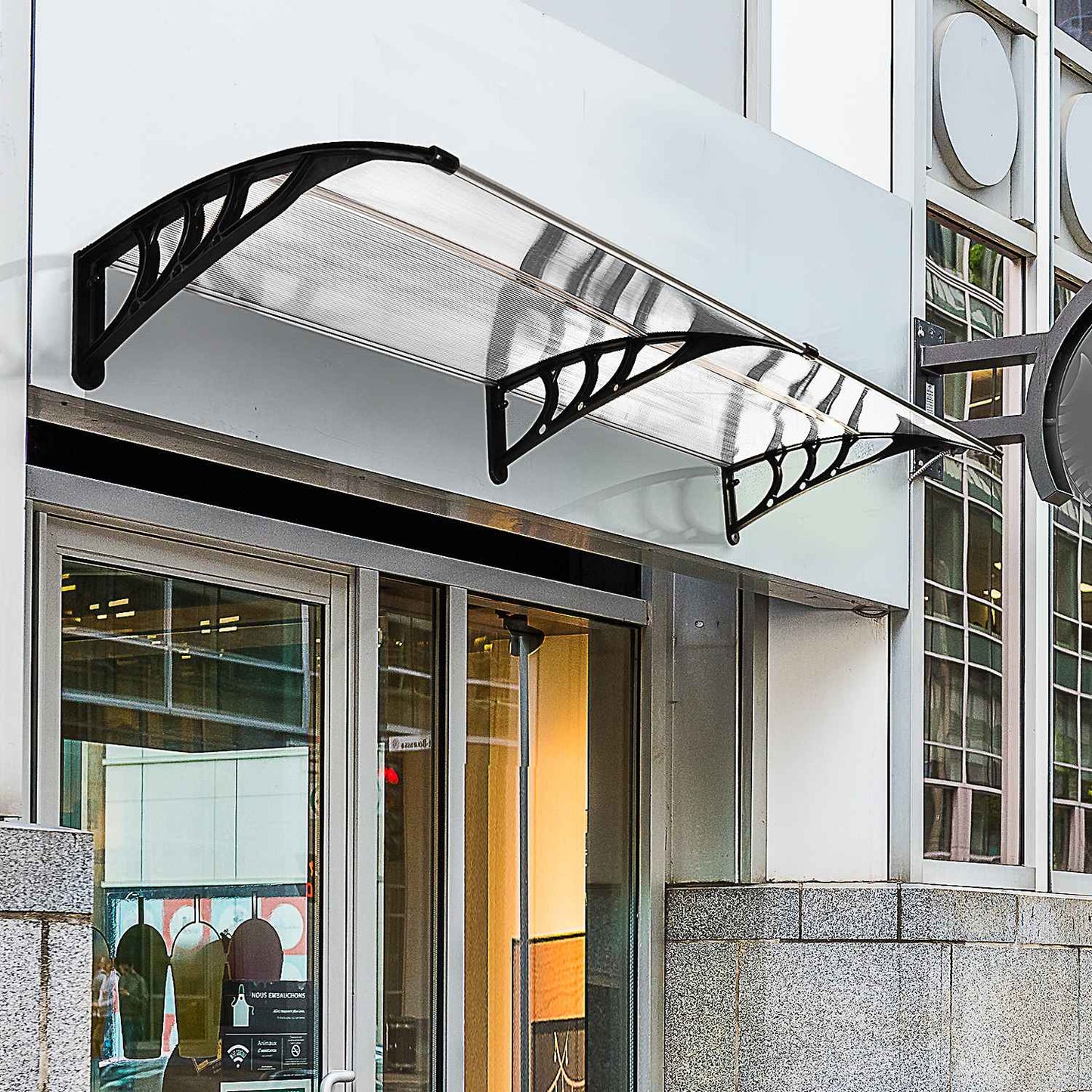 Front door aluminum canopy, 75x195x23 cm, clear polycarbonate