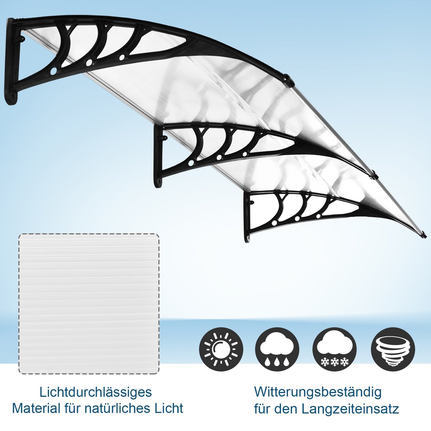 Front door aluminum canopy, 75x195x23 cm, clear polycarbonate