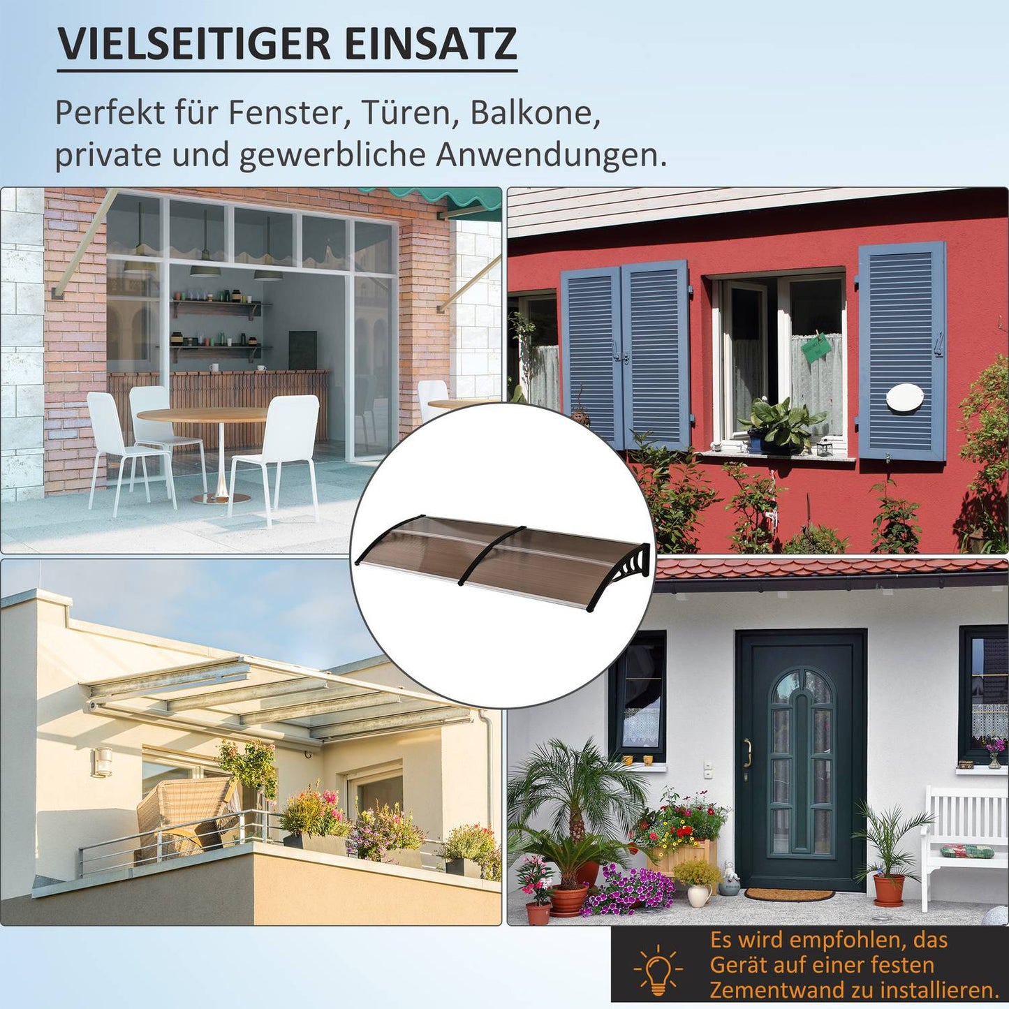 Door canopy in polycarbonate, sun & rain protection, 75x195 cm