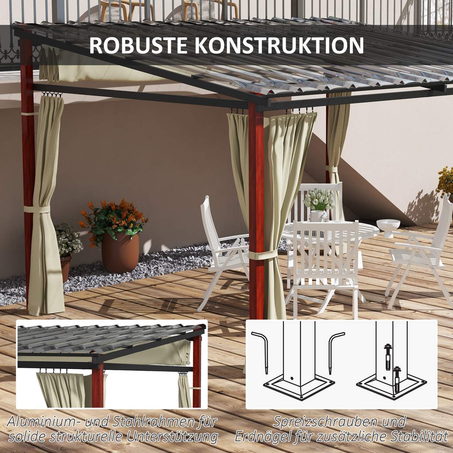 Beige windproof pergola 3.5x3m with adjustable roof
