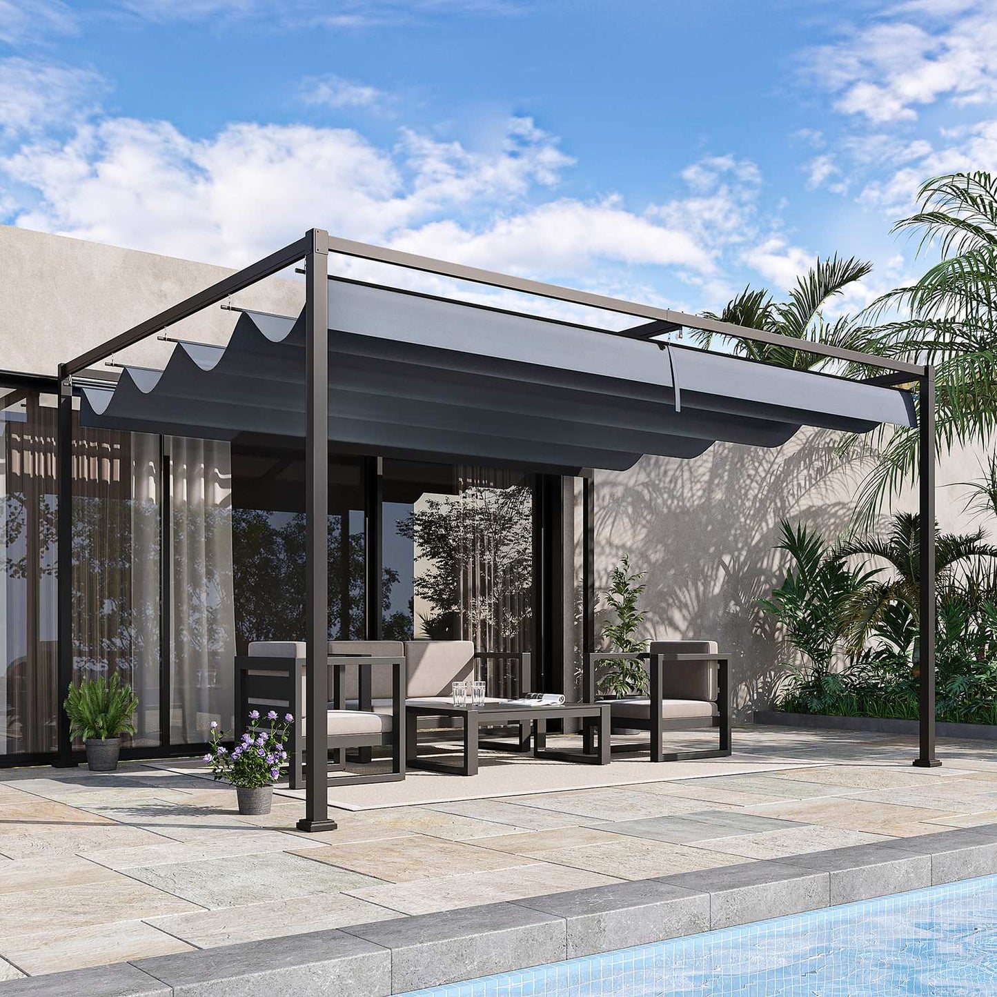Steel pergola 4x3m with adjustable roof, dark grey