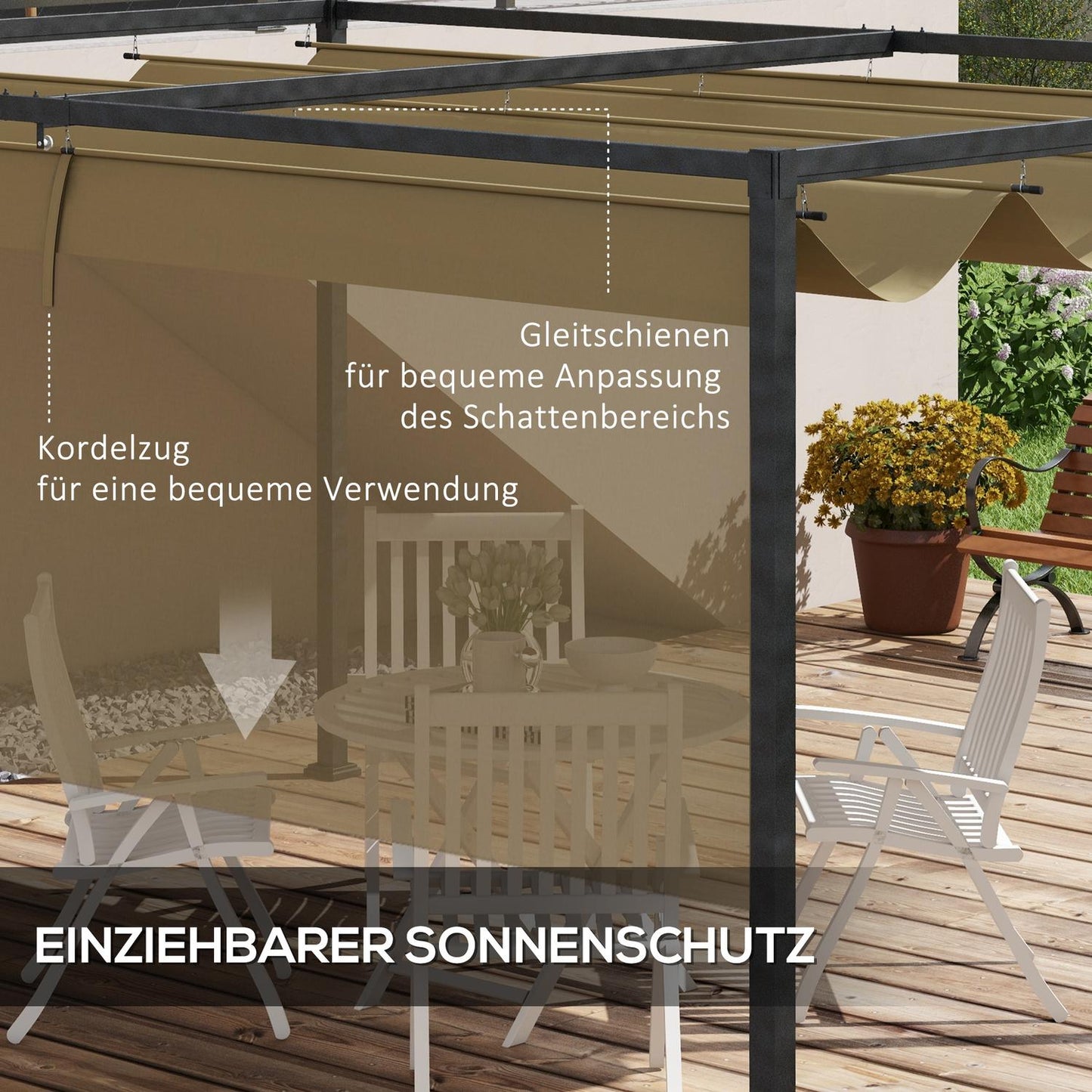 Pergola 4x3m Steel, Adjustable roof, Sun protection Khaki