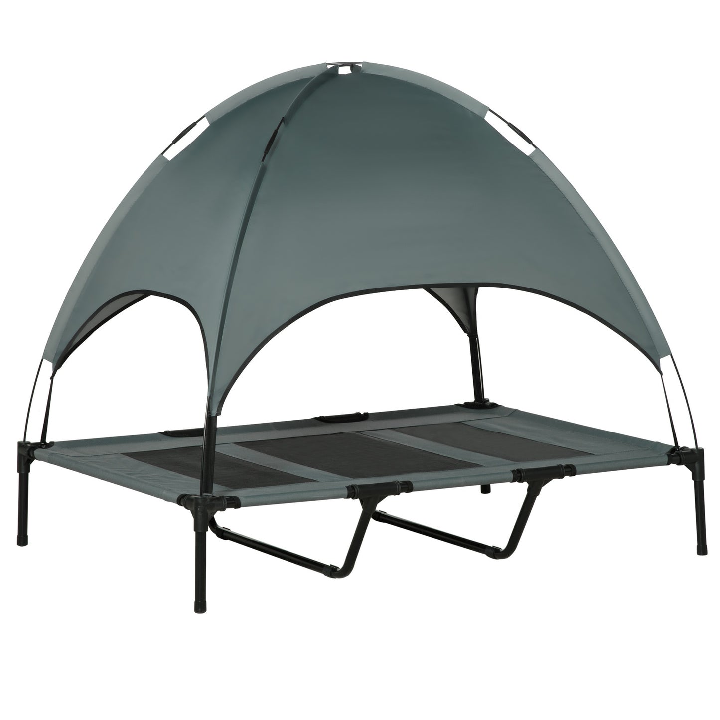 Raised outdoor dog bed with canopy, breathable fabric, gray