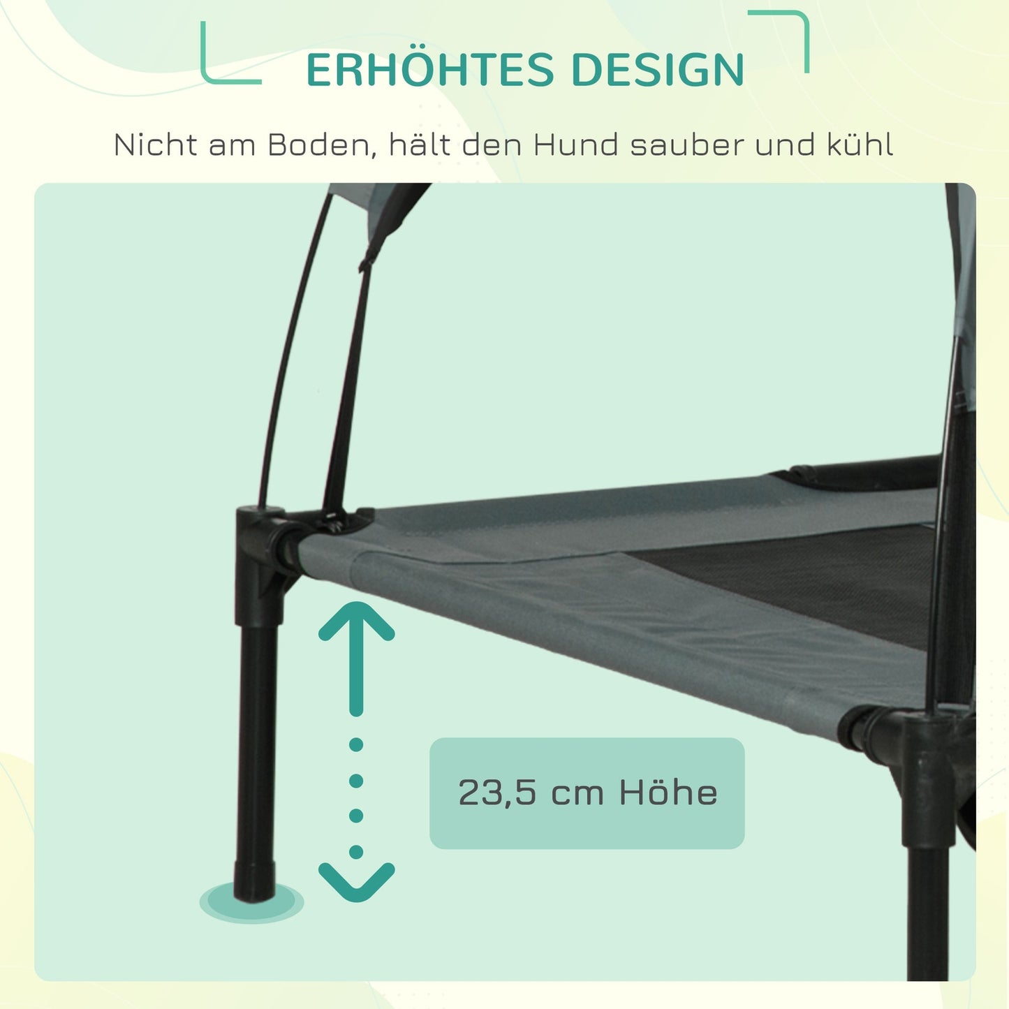 Raised outdoor dog bed with canopy, breathable fabric, gray