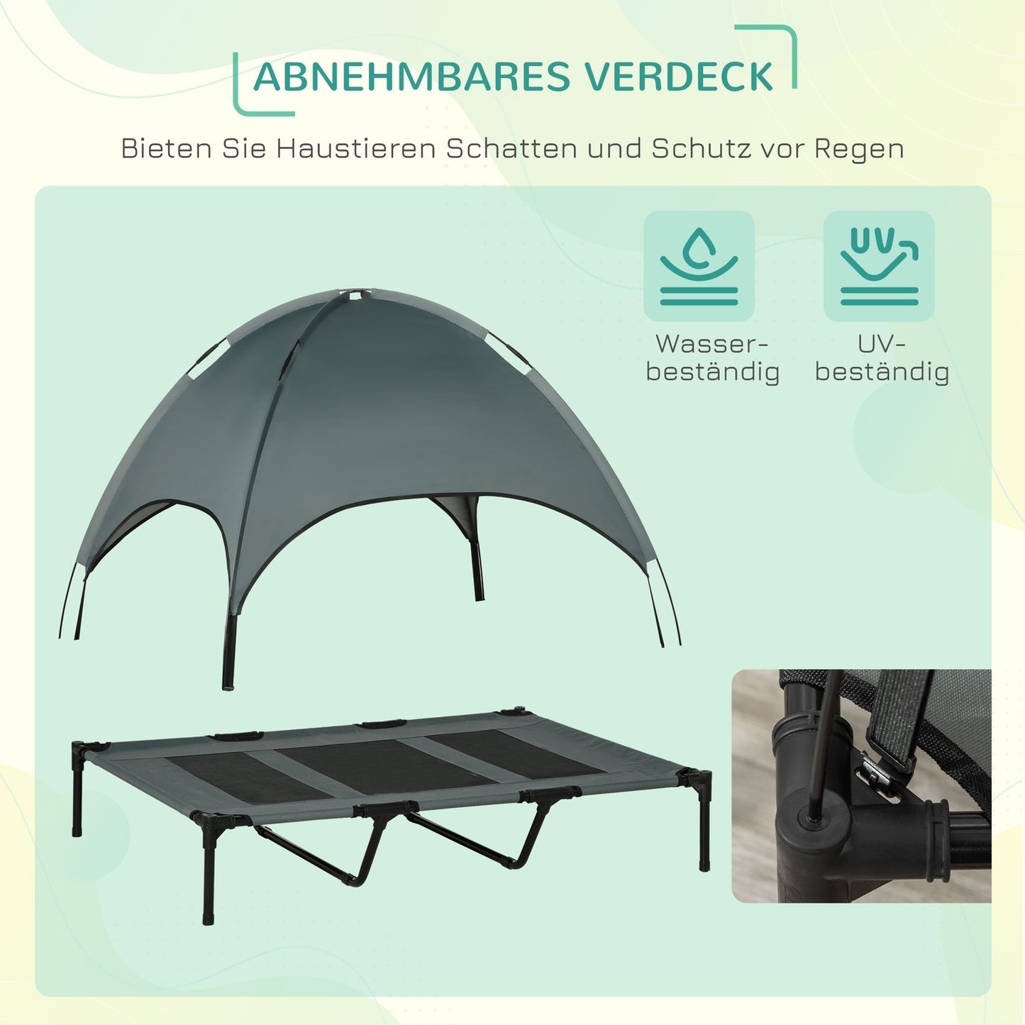 Raised outdoor dog bed with canopy, breathable fabric, gray